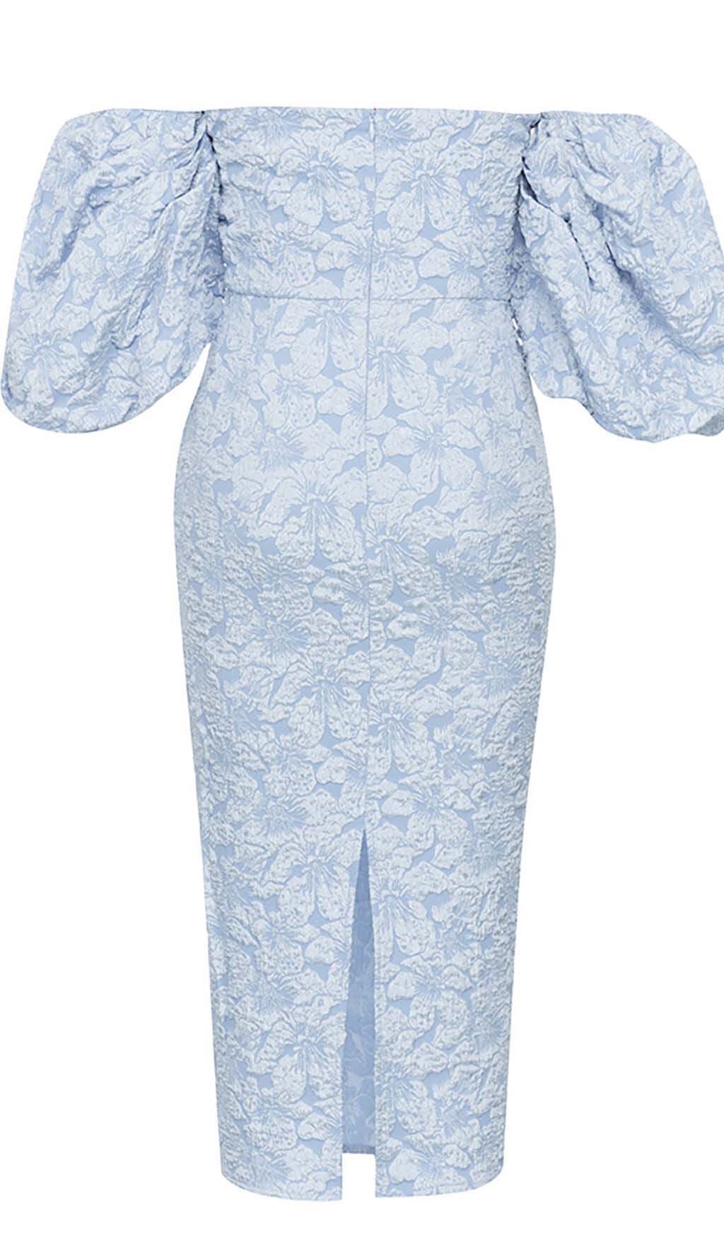 JACQUARD PUFF SLEEVE MIDI DRESS SKY BLUE