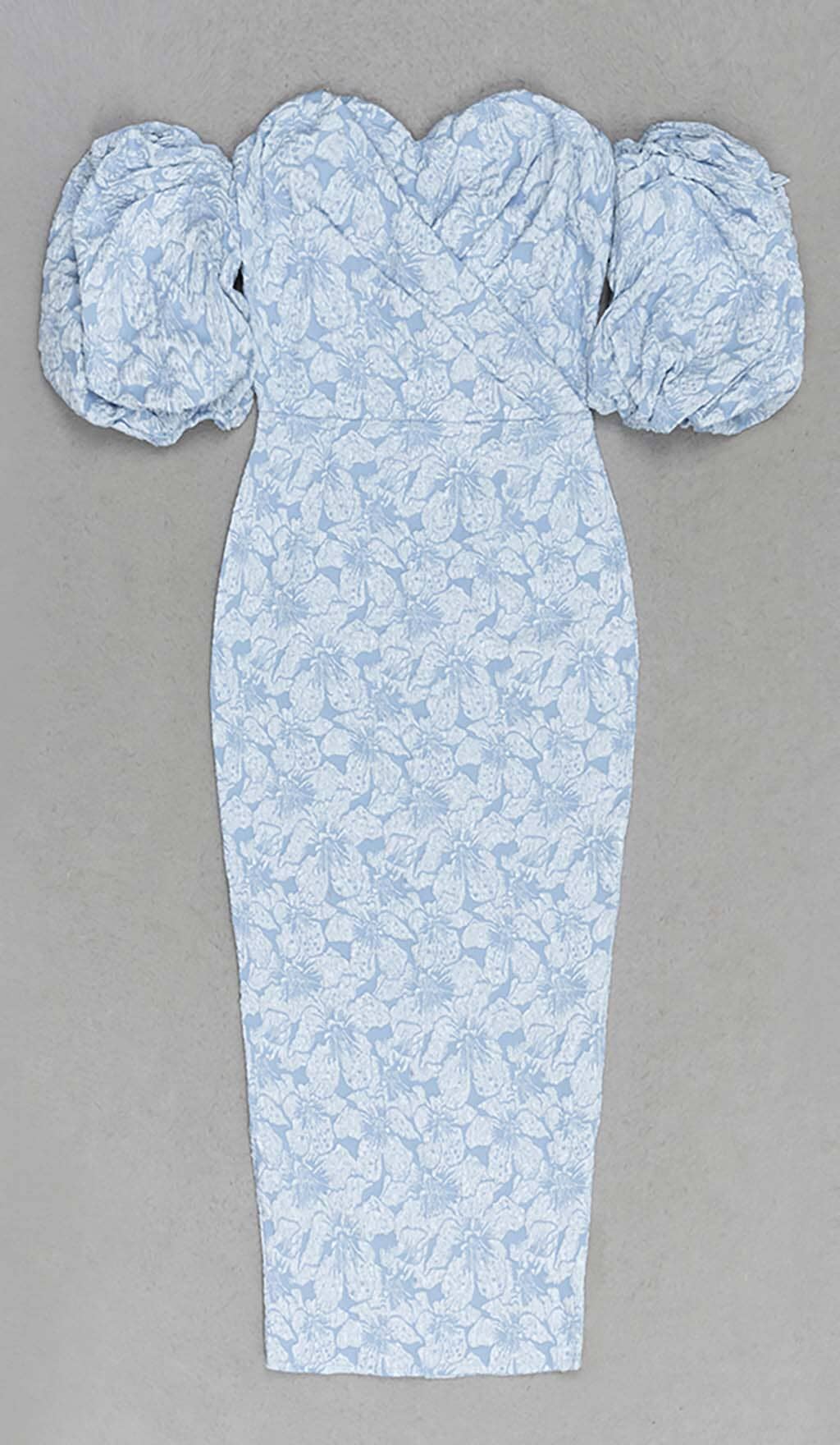 JACQUARD PUFF SLEEVE MIDI DRESS SKY BLUE