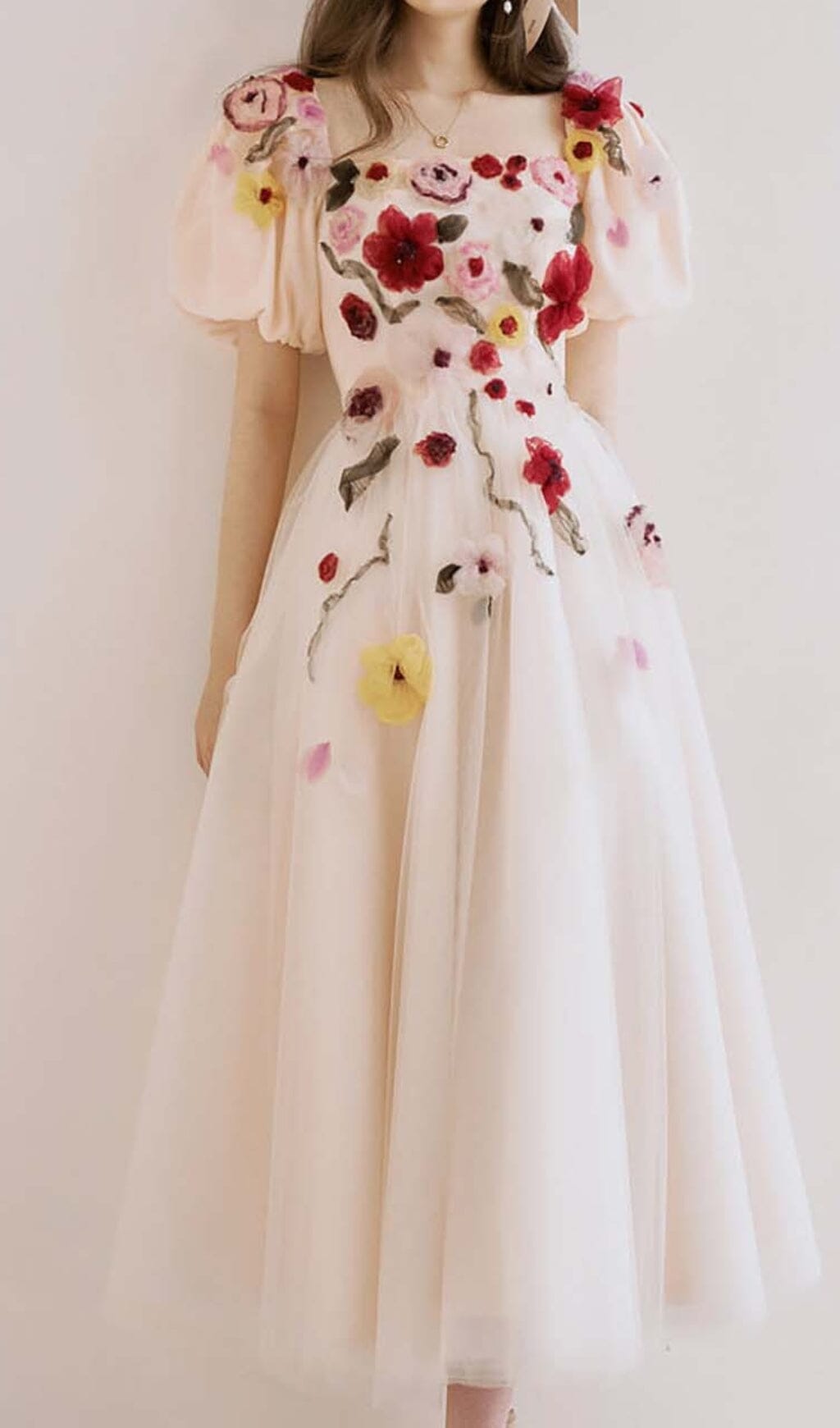 FLORAL PUFF SLEEVE MIDI DRESS, PINK