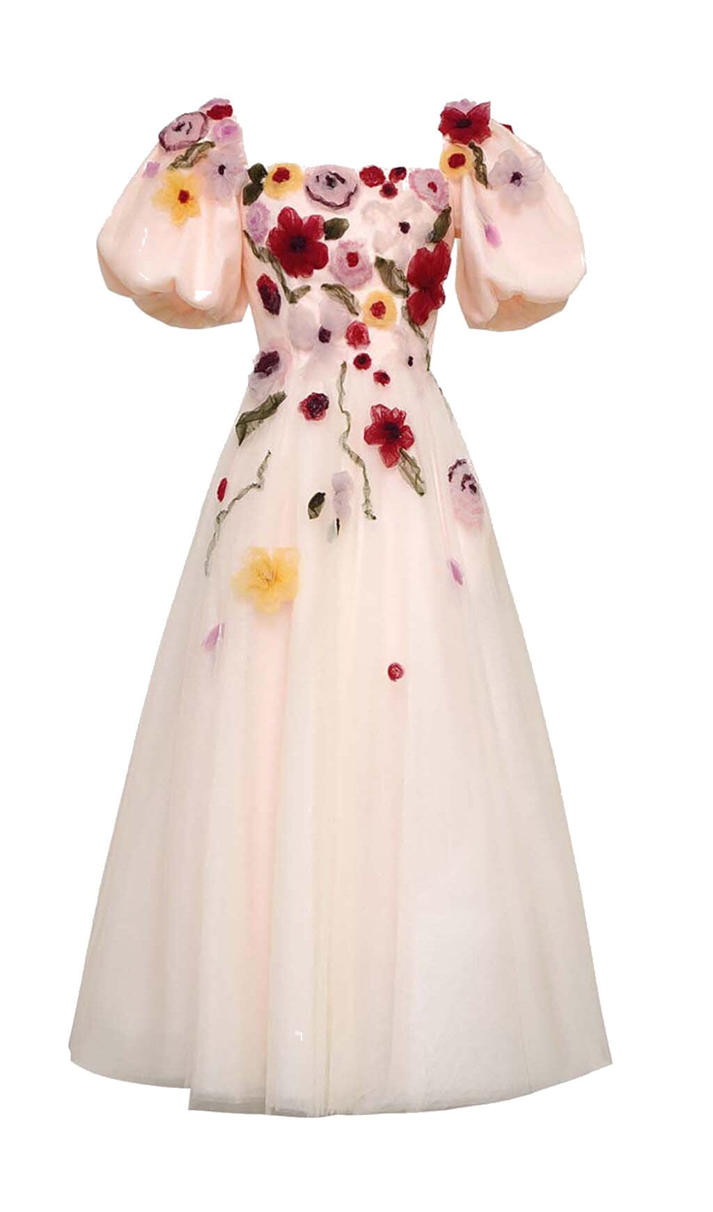 FLORAL PUFF SLEEVE MIDI DRESS, PINK