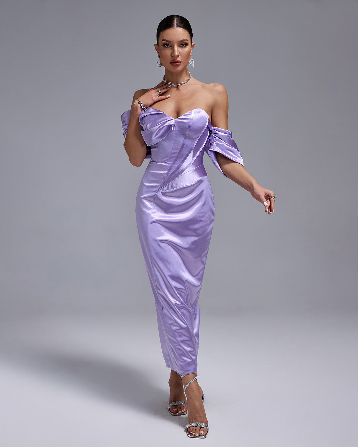 LAVENDER SATIN OFF-SHOULDER MIDI DRESS