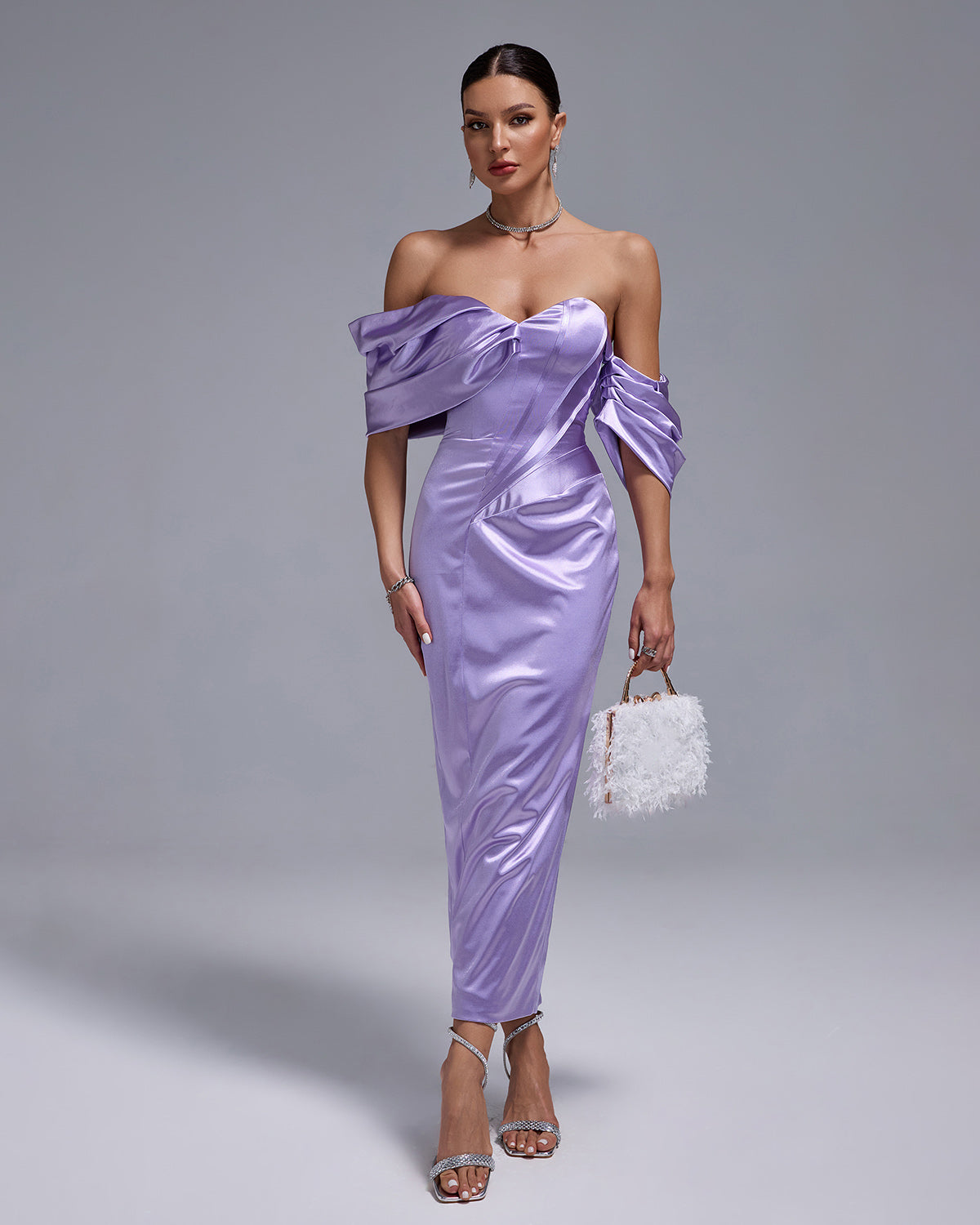 LAVENDER SATIN OFF-SHOULDER MIDI DRESS