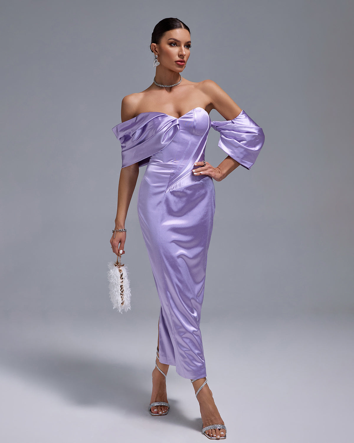 LAVENDER SATIN OFF-SHOULDER MIDI DRESS