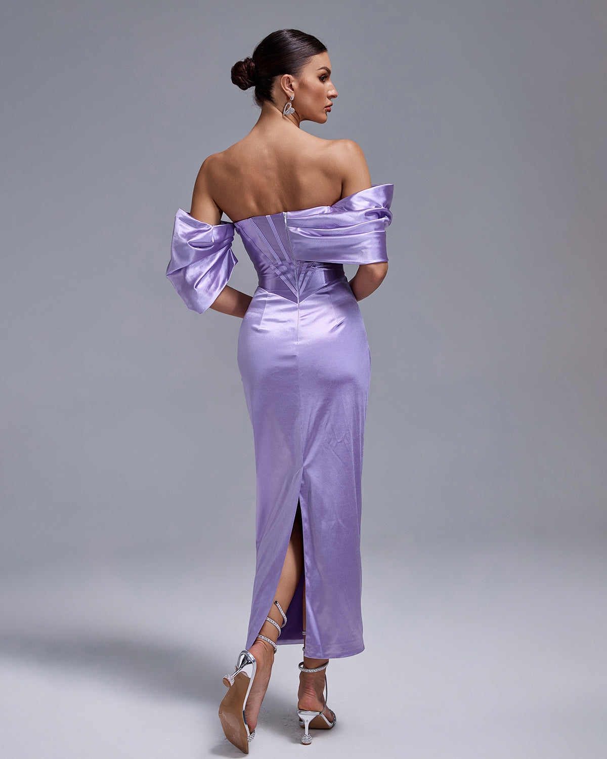 LAVENDER SATIN OFF-SHOULDER MIDI DRESS