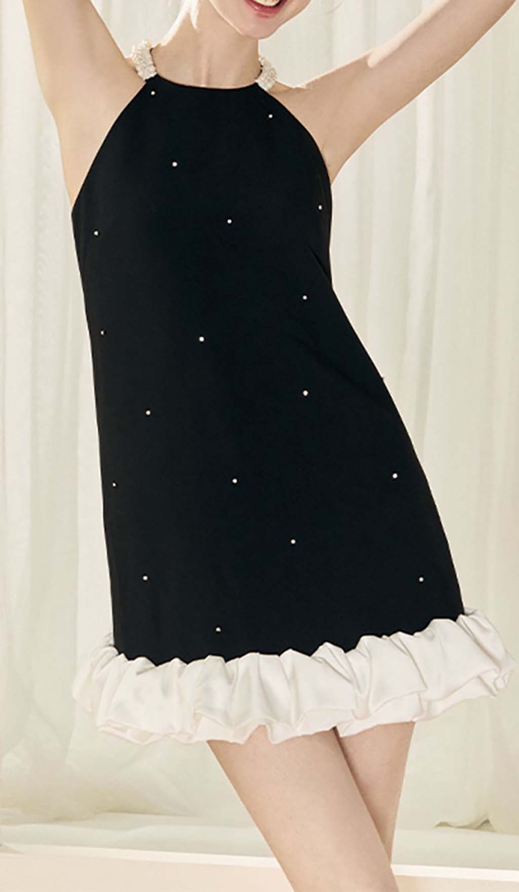 FRILL PEARL MINI DRESS BLACK COCKTAIL PARTY