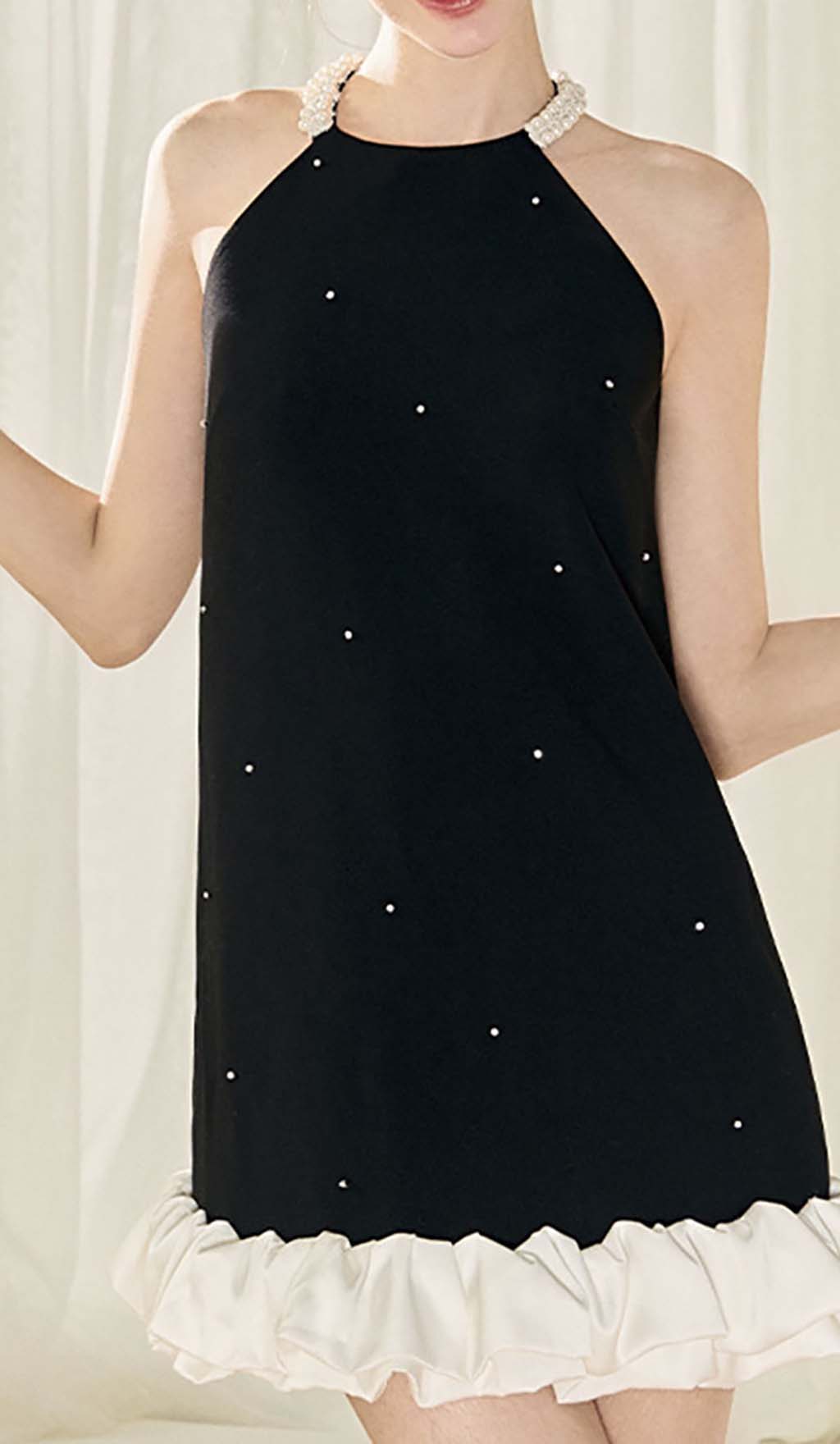 FRILL PEARL MINI DRESS BLACK COCKTAIL PARTY