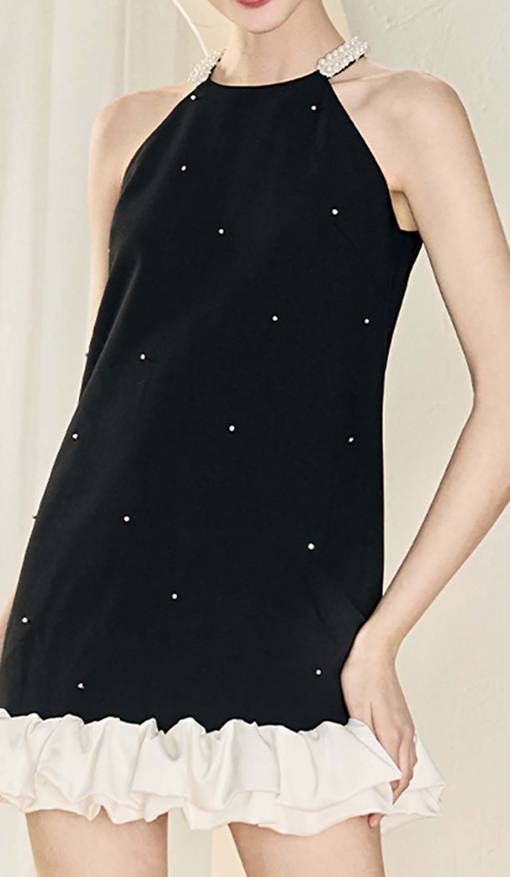 FRILL PEARL MINI DRESS BLACK COCKTAIL PARTY