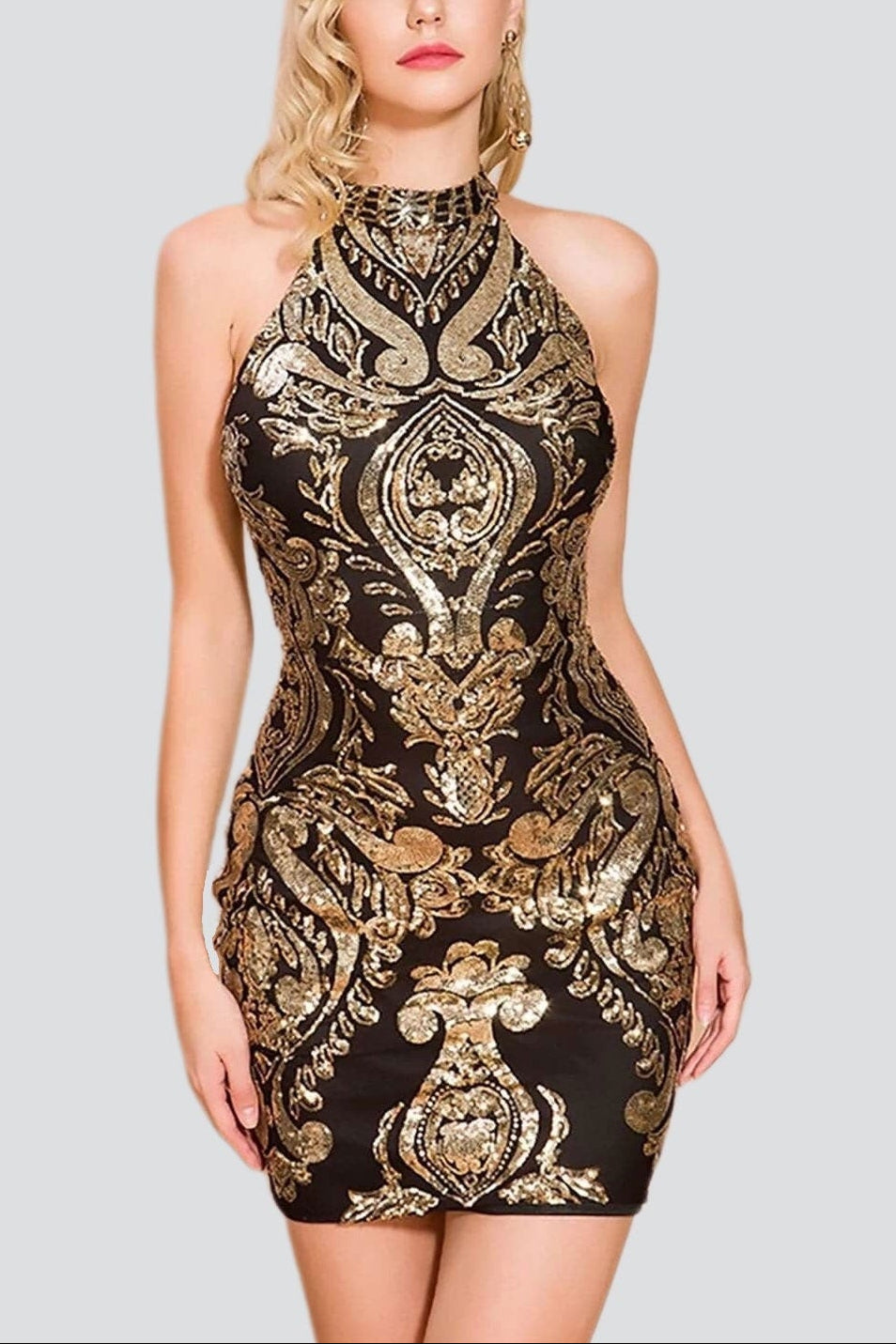 HALTERNECK SEQUIN BODYCON MINI DRESS