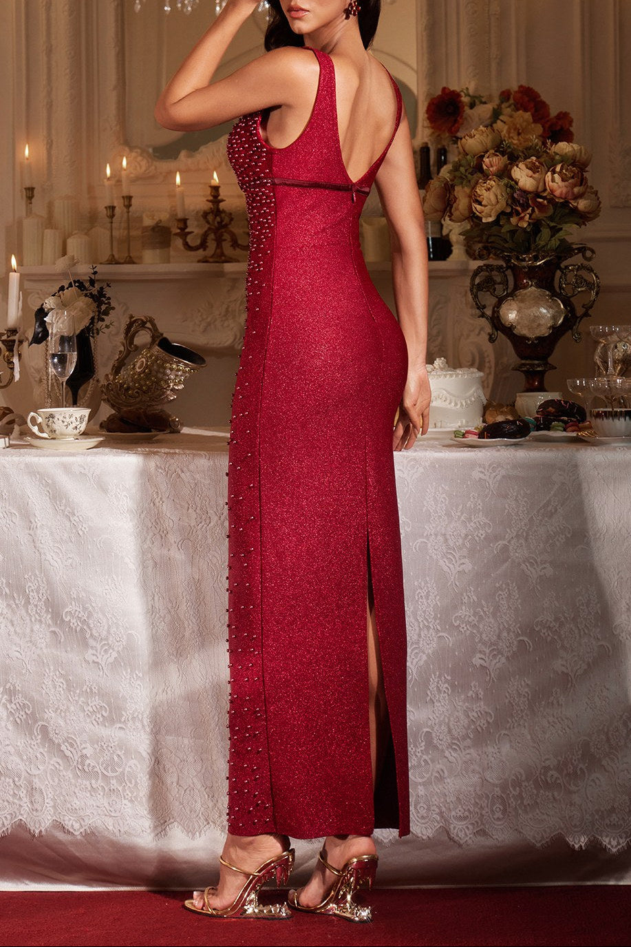 KELLY PLUNGE PEARL MAXI DRESS BURGUNDY