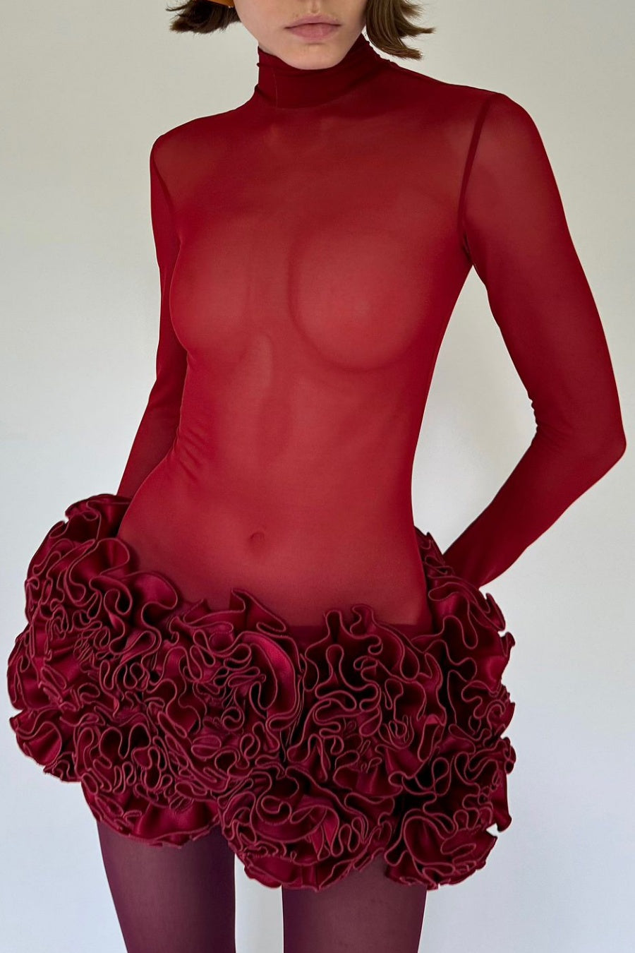 FIONNA RED FLORAL MESH LONG SLEEVE MINI DRESS