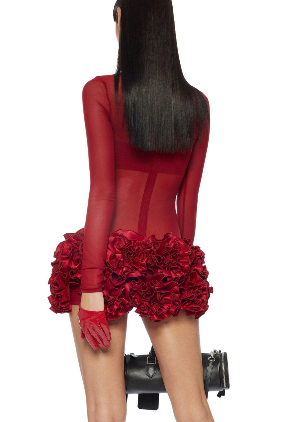 FIONNA RED FLORAL MESH LONG SLEEVE MINI DRESS