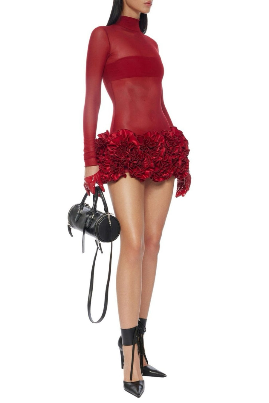 FIONNA RED FLORAL MESH LONG SLEEVE MINI DRESS