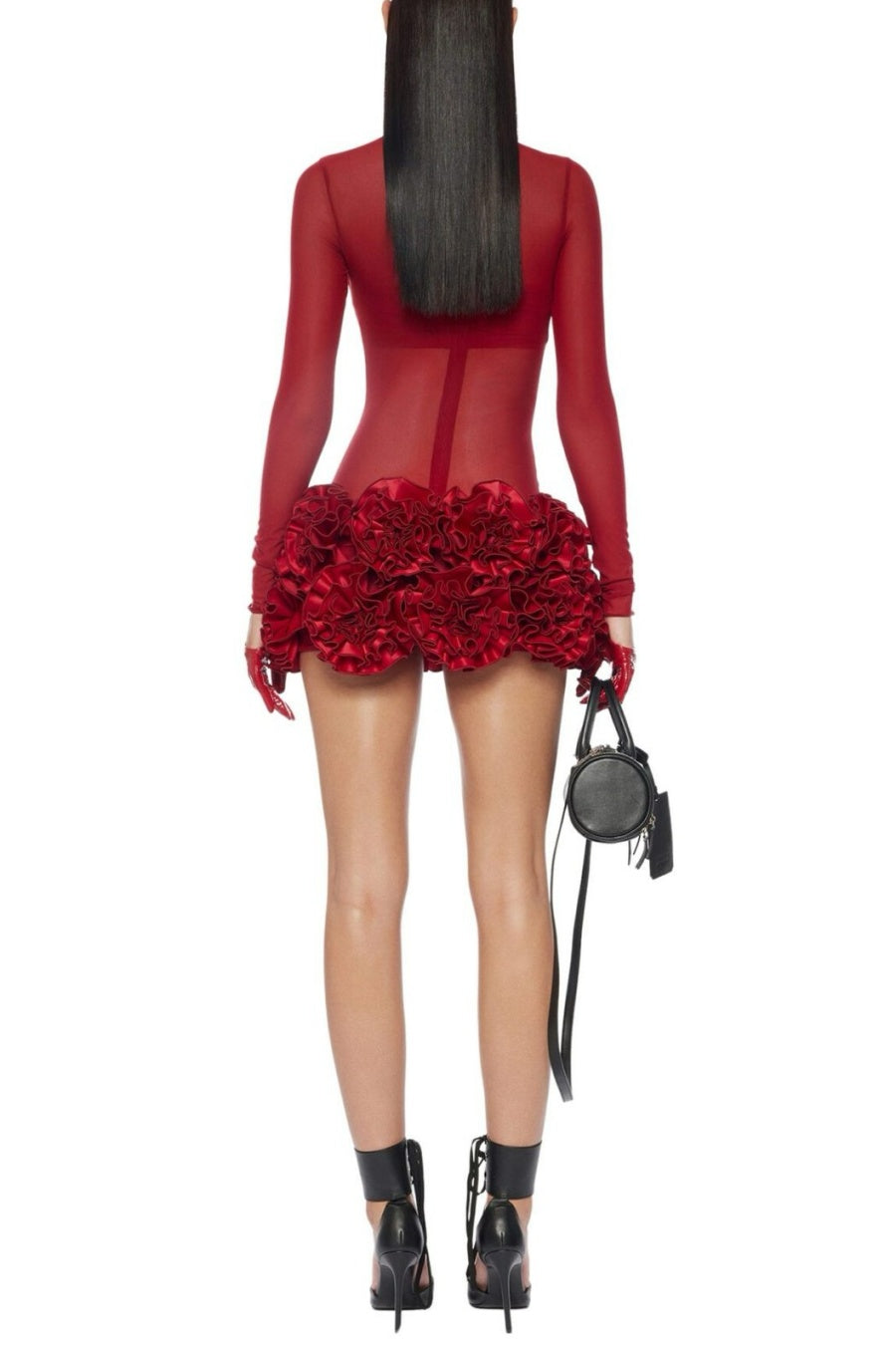 FIONNA RED FLORAL MESH LONG SLEEVE MINI DRESS