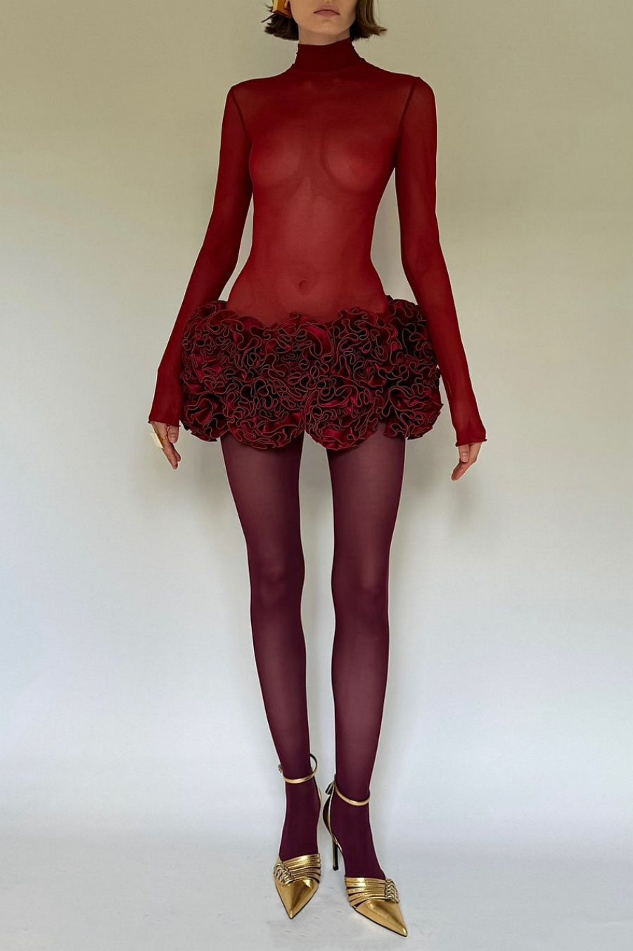 FIONNA RED FLORAL MESH LONG SLEEVE MINI DRESS