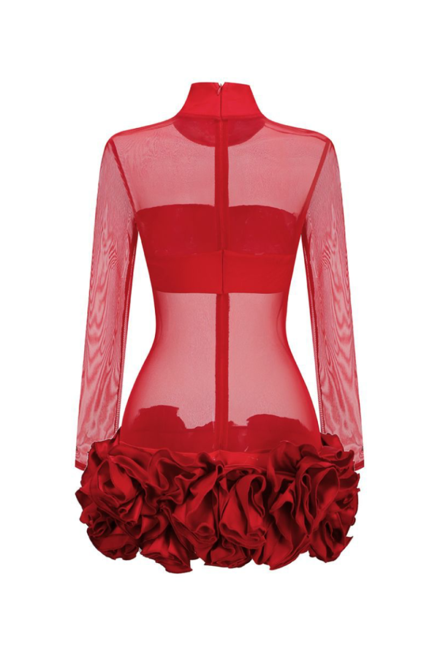 FIONNA RED FLORAL MESH LONG SLEEVE MINI DRESS
