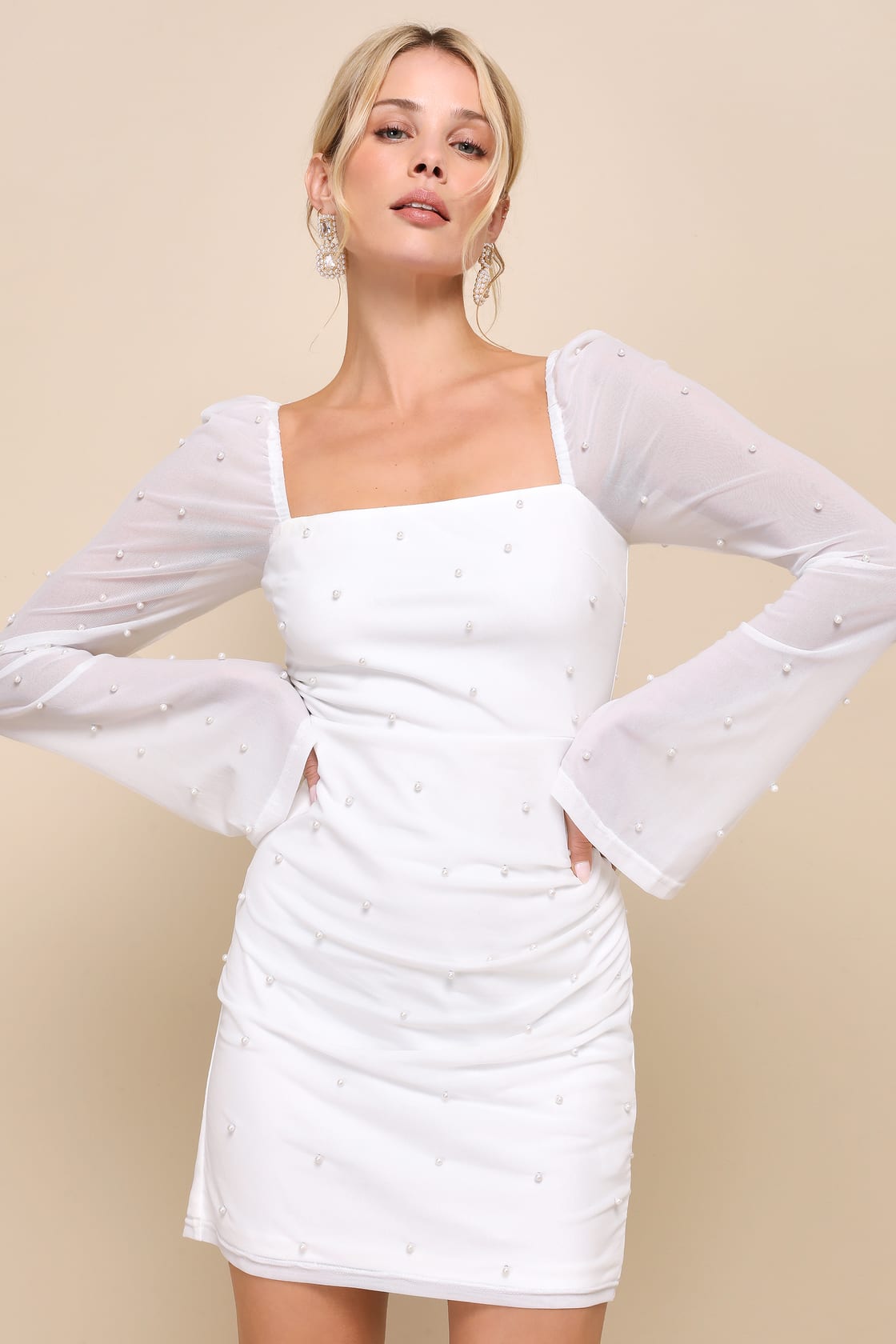 FLIRTY IVORY MESH PEARL LONG SLEEVE MINI DRESS