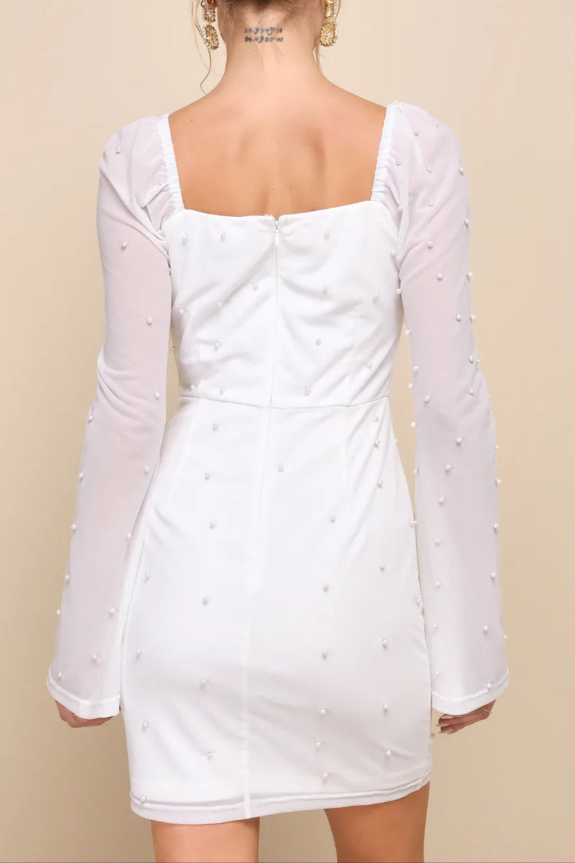 FLIRTY IVORY MESH PEARL LONG SLEEVE MINI DRESS