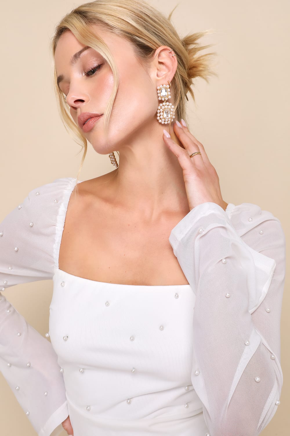 FLIRTY IVORY MESH PEARL LONG SLEEVE MINI DRESS
