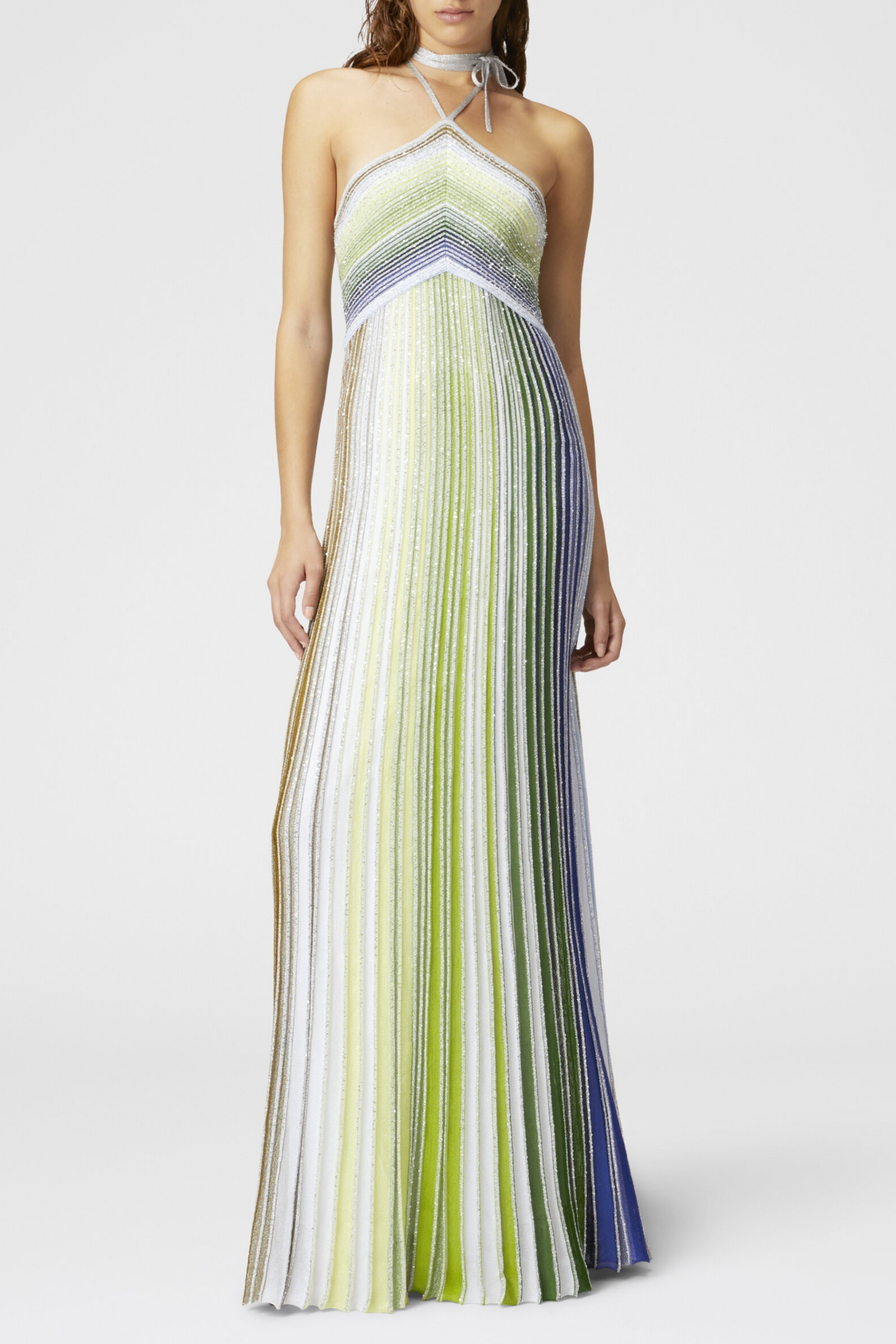 HALTER METALLIC GRADIENT KNIT MAXI DRESS GREEN