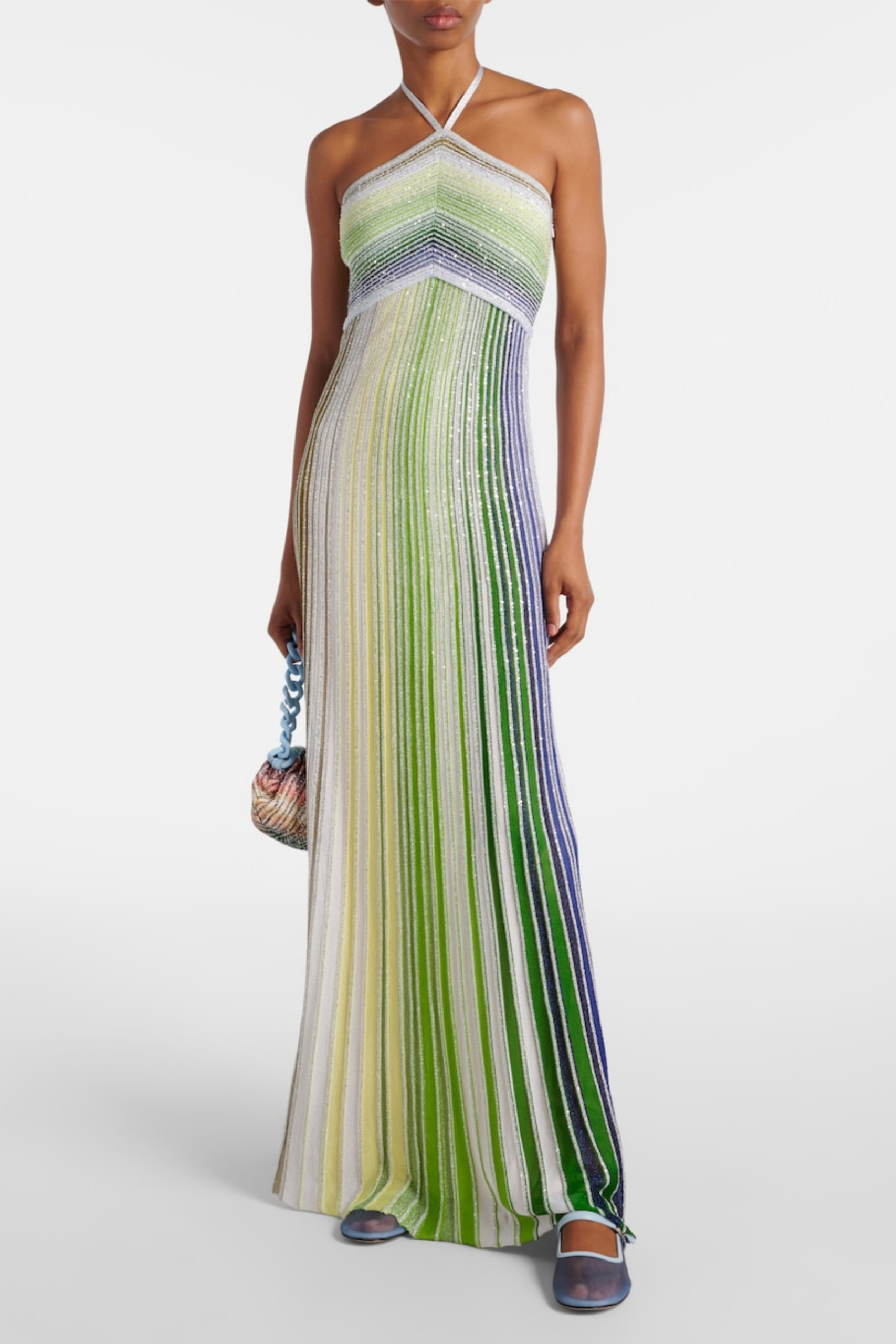 HALTER METALLIC GRADIENT KNIT MAXI DRESS GREEN