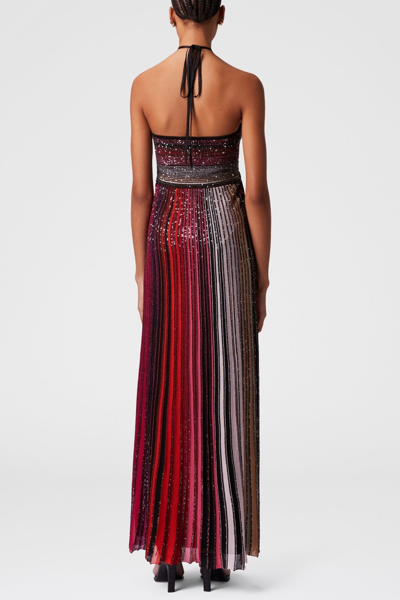 HALTER METALLIC GRADIENT KNIT MAXI DRESS - RED