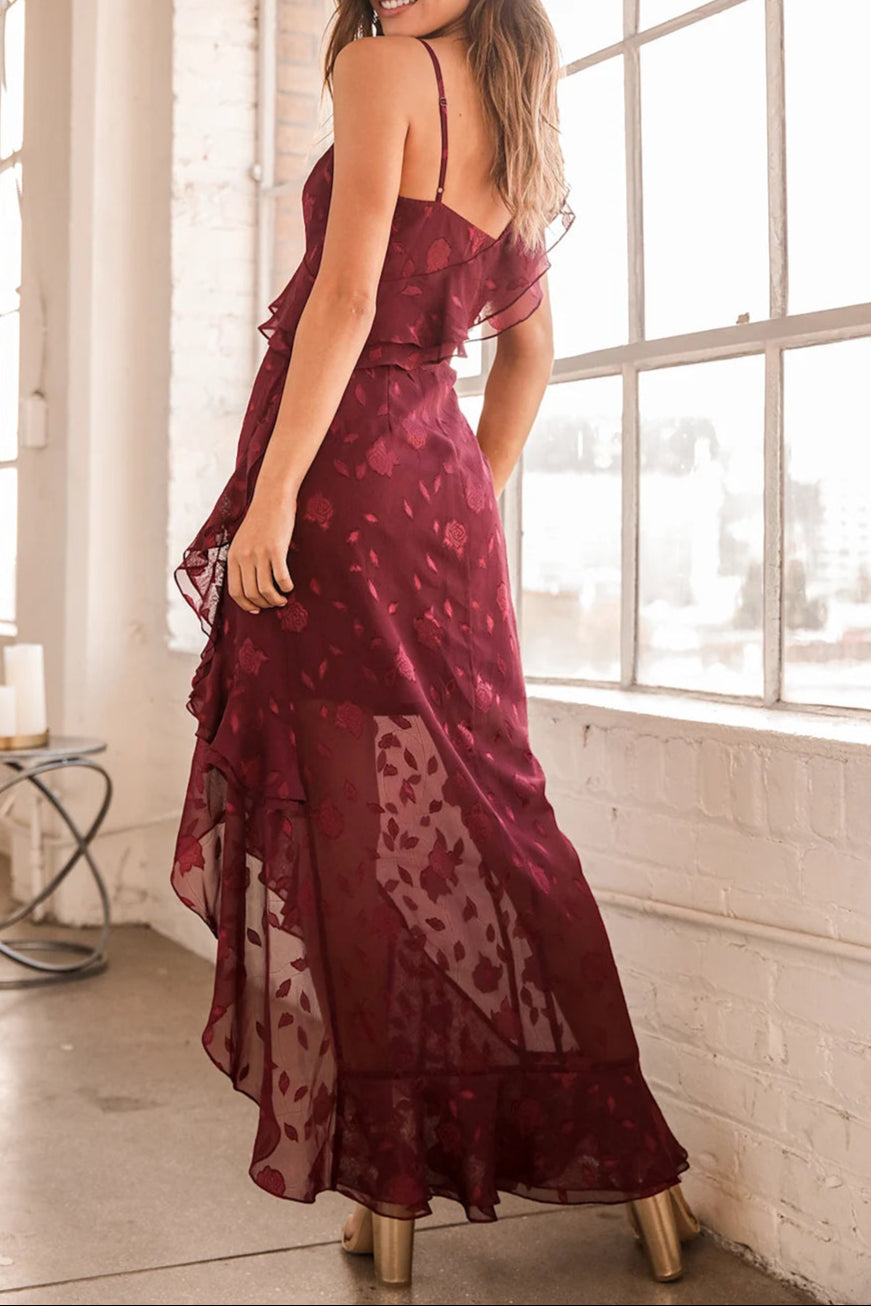 BURGUNDY FLORAL JACQUARD RUFFLED MAXI DRESS