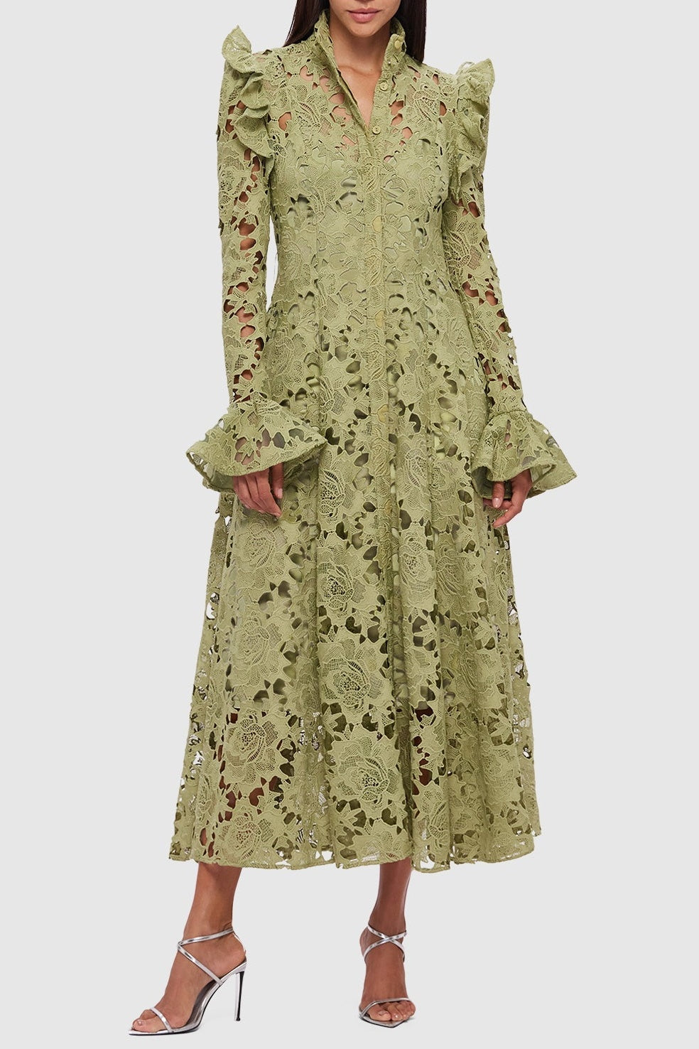 FREYA RUFFLE LACE MIDI DRESS - GREEN GARDEN PARTY