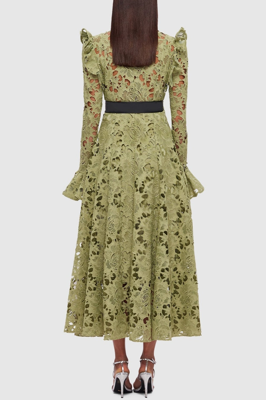 FREYA RUFFLE LACE MIDI DRESS - GREEN GARDEN PARTY