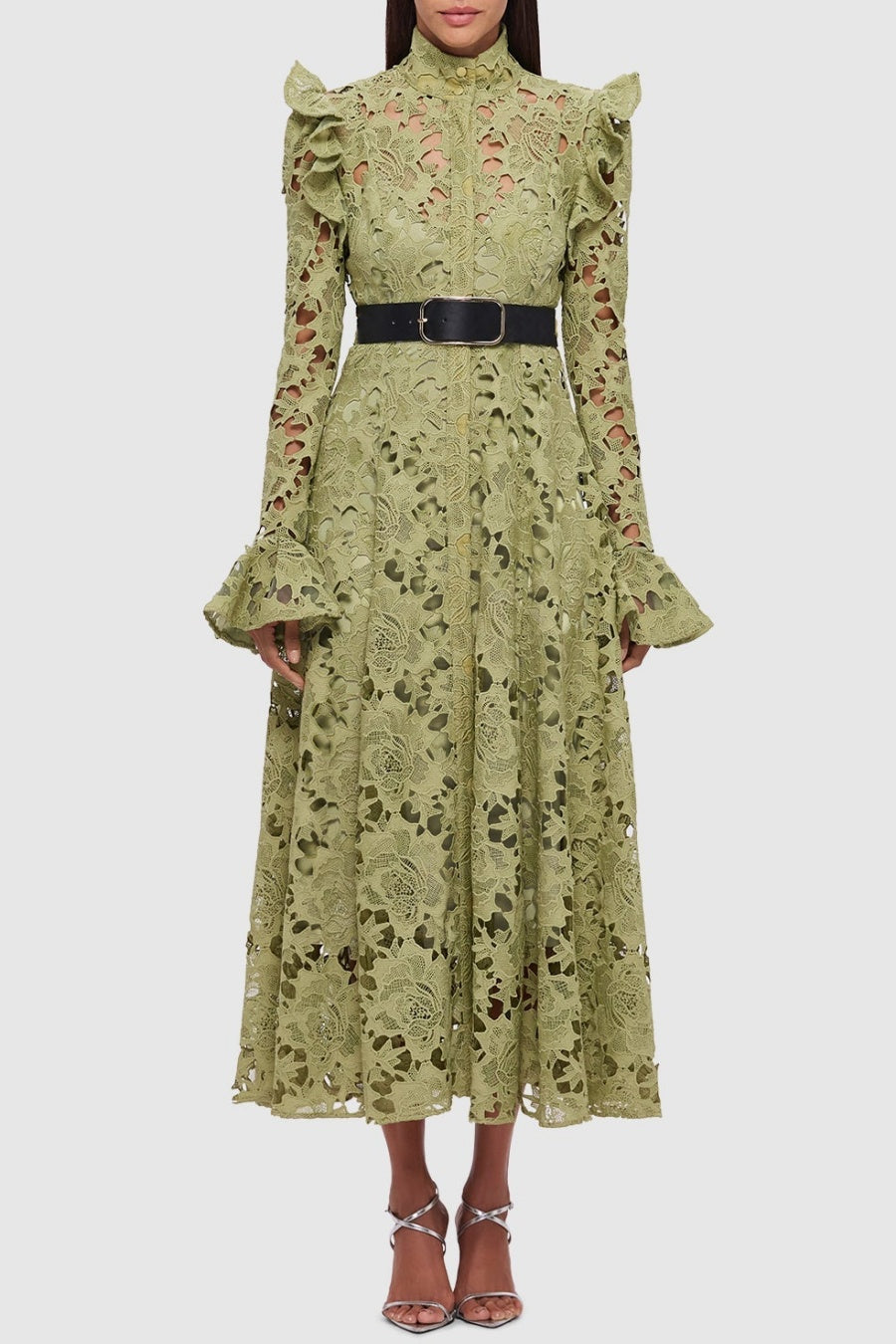 FREYA RUFFLE LACE MIDI DRESS - GREEN GARDEN PARTY