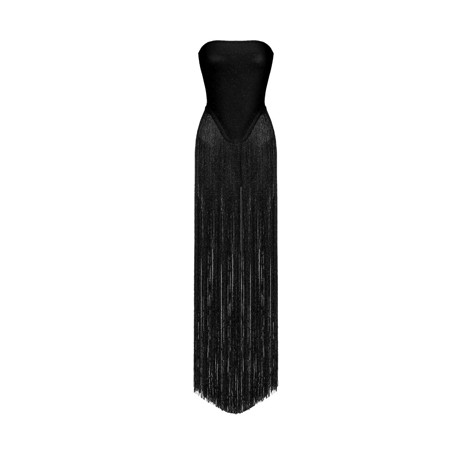 HELEN FRINGE STRAPLESS MINI DRESS, BLACK