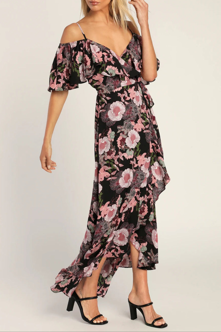 BLOOMED OFF-SHOULDER BLACK MAXI WRAP DRESS