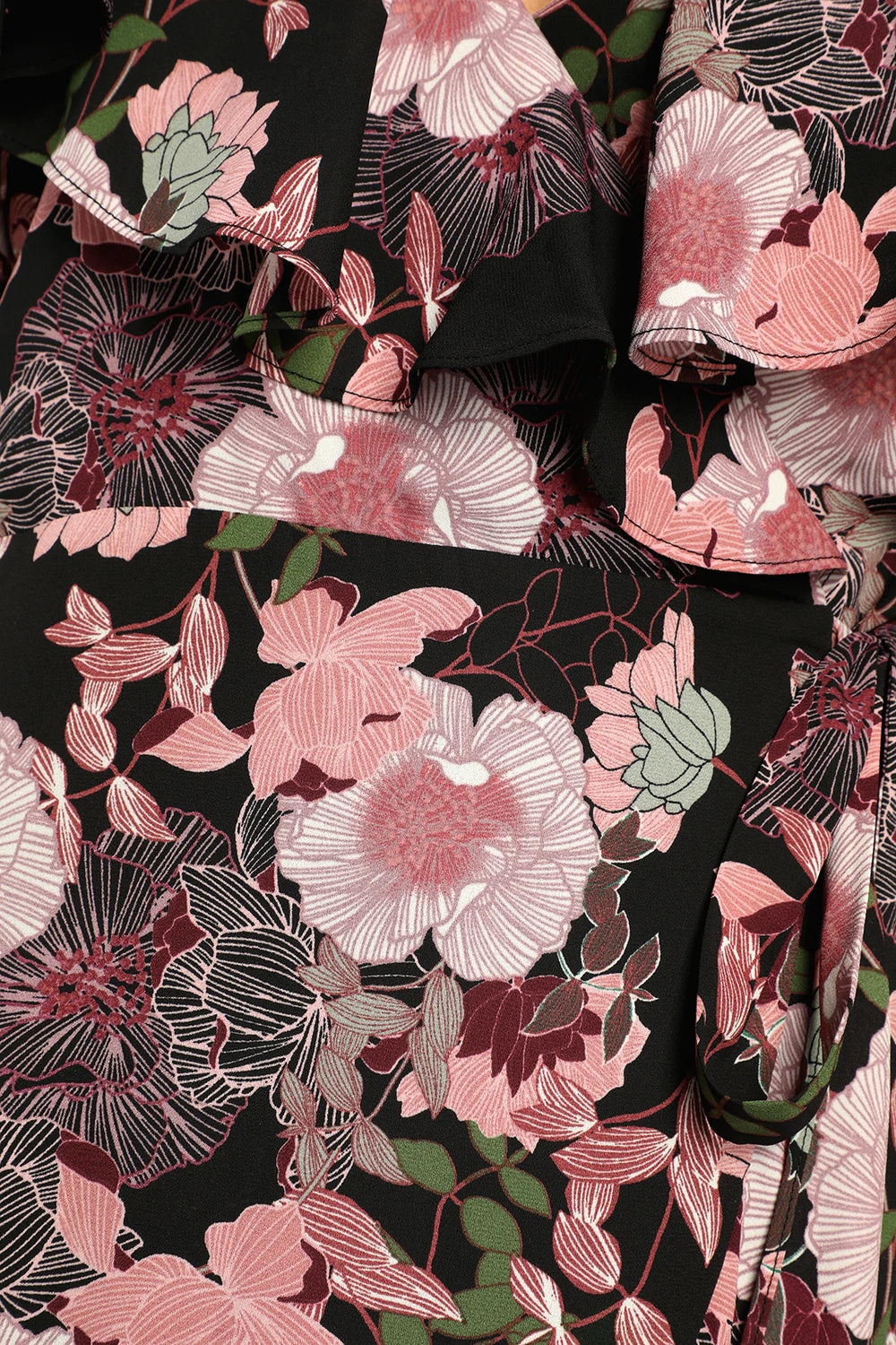 BLOOMED OFF-SHOULDER BLACK MAXI WRAP DRESS