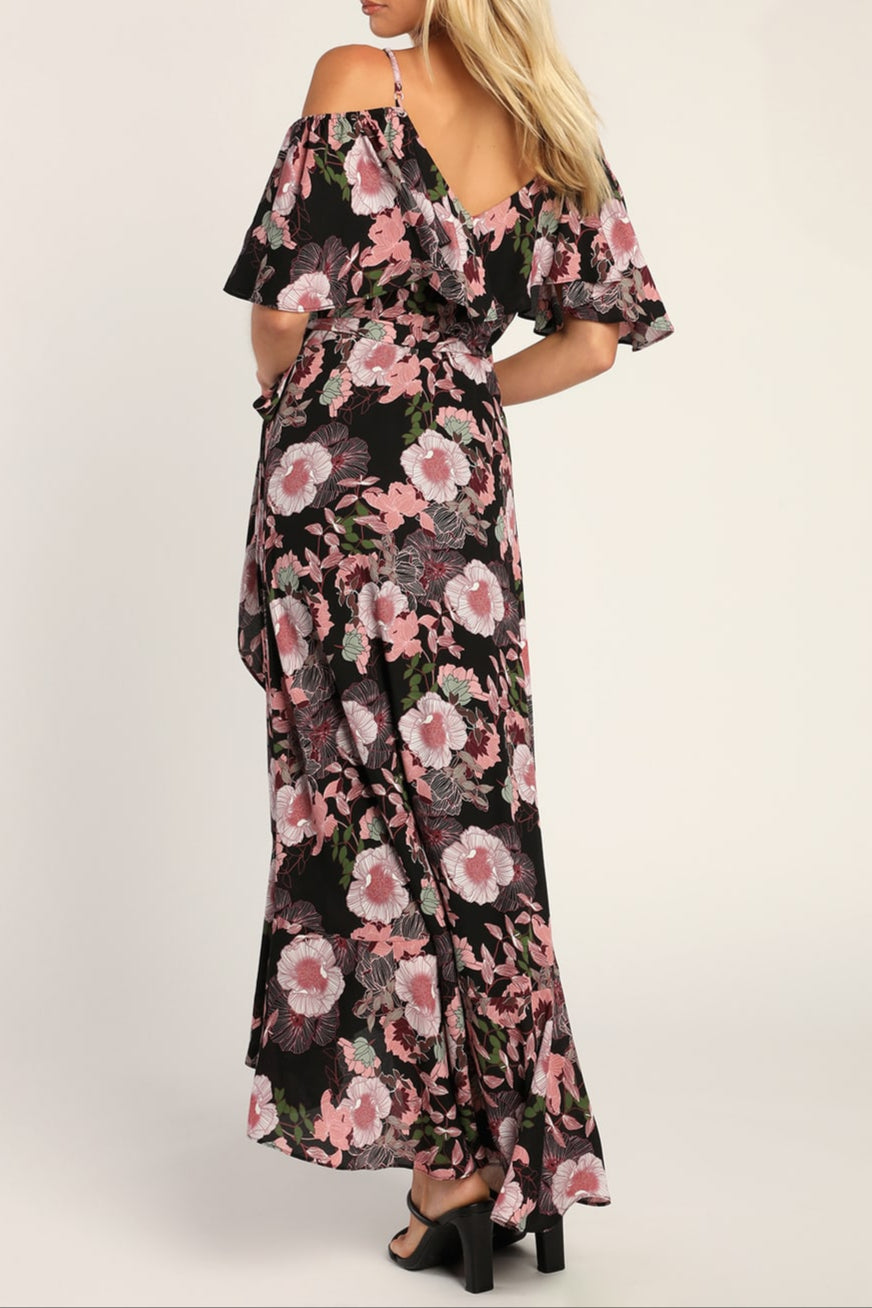 BLOOMED OFF-SHOULDER BLACK MAXI WRAP DRESS