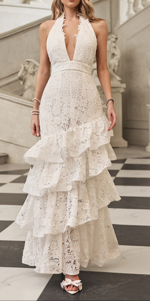 hazel white Deep V-neck halterneck layer ruffle trim maxi dress