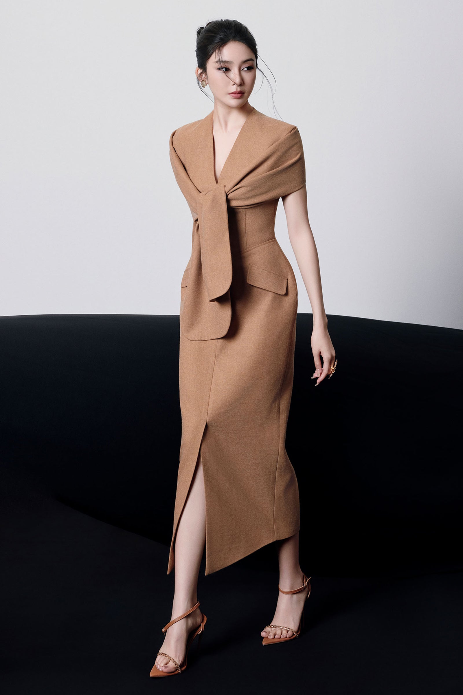 BEVERLY V-NECK DRAPED MIDI DRESS FOR EVENING