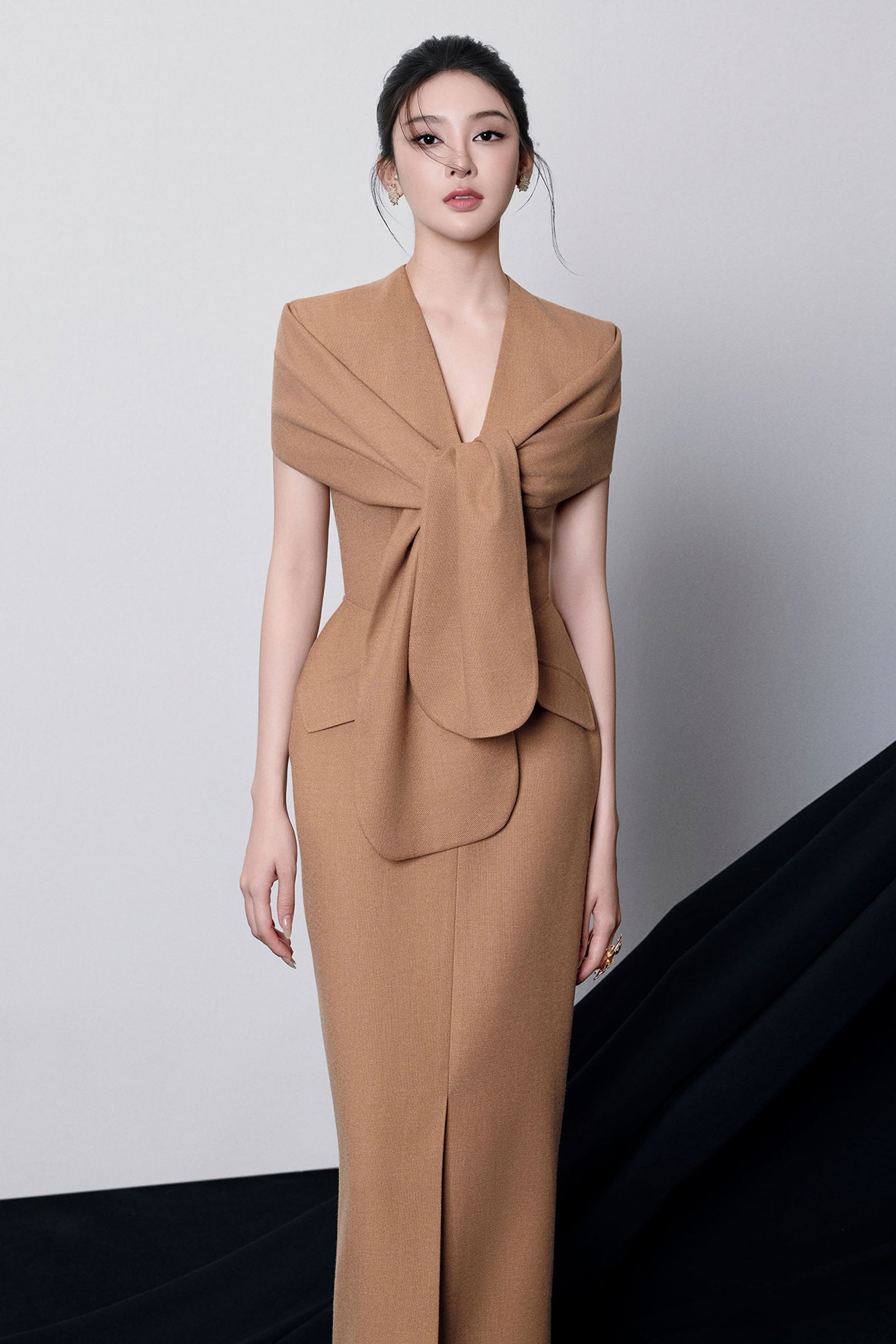 BEVERLY V-NECK DRAPED MIDI DRESS FOR EVENING