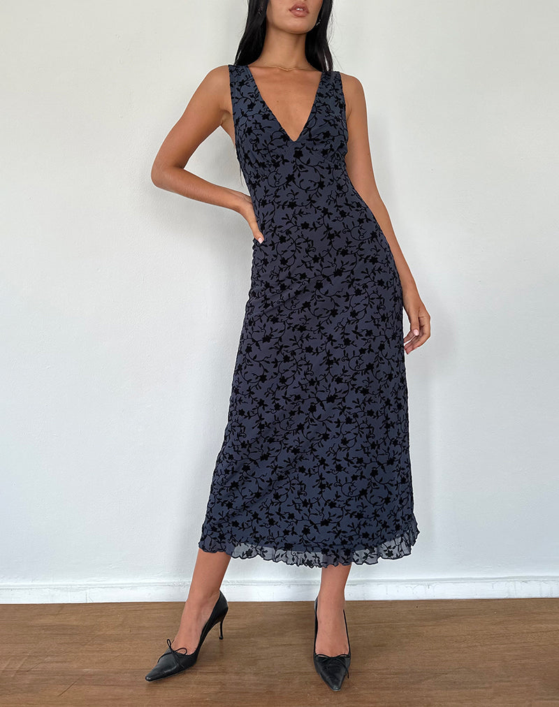 GABRIELA MIDI DRESS, FLOCKED PETAL NAVY, EVENING