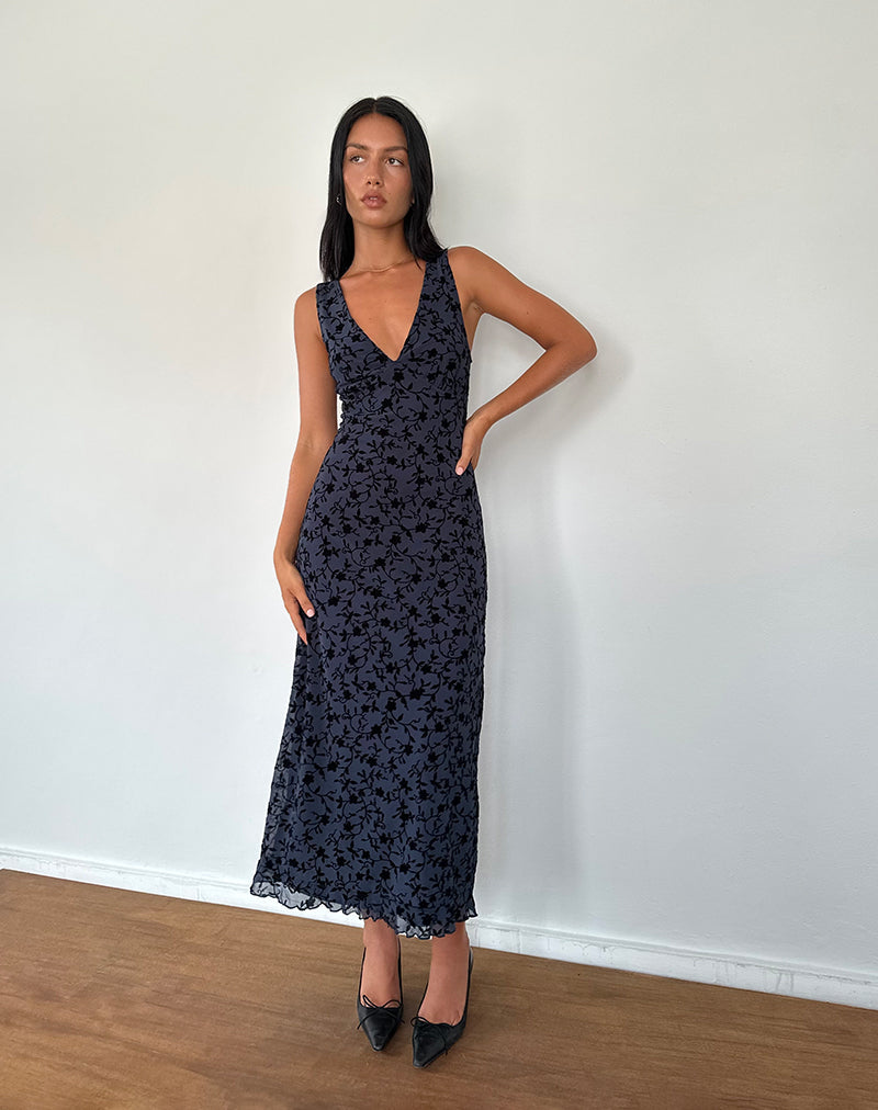 GABRIELA MIDI DRESS, FLOCKED PETAL NAVY, EVENING