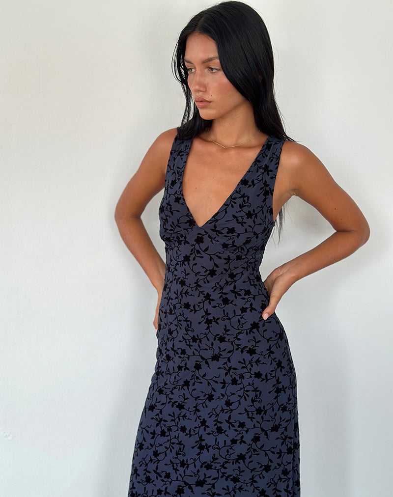 GABRIELA MIDI DRESS, FLOCKED PETAL NAVY, EVENING