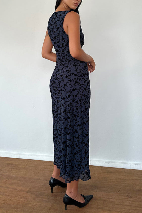GABRIELA MIDI DRESS, FLOCKED PETAL NAVY, EVENING