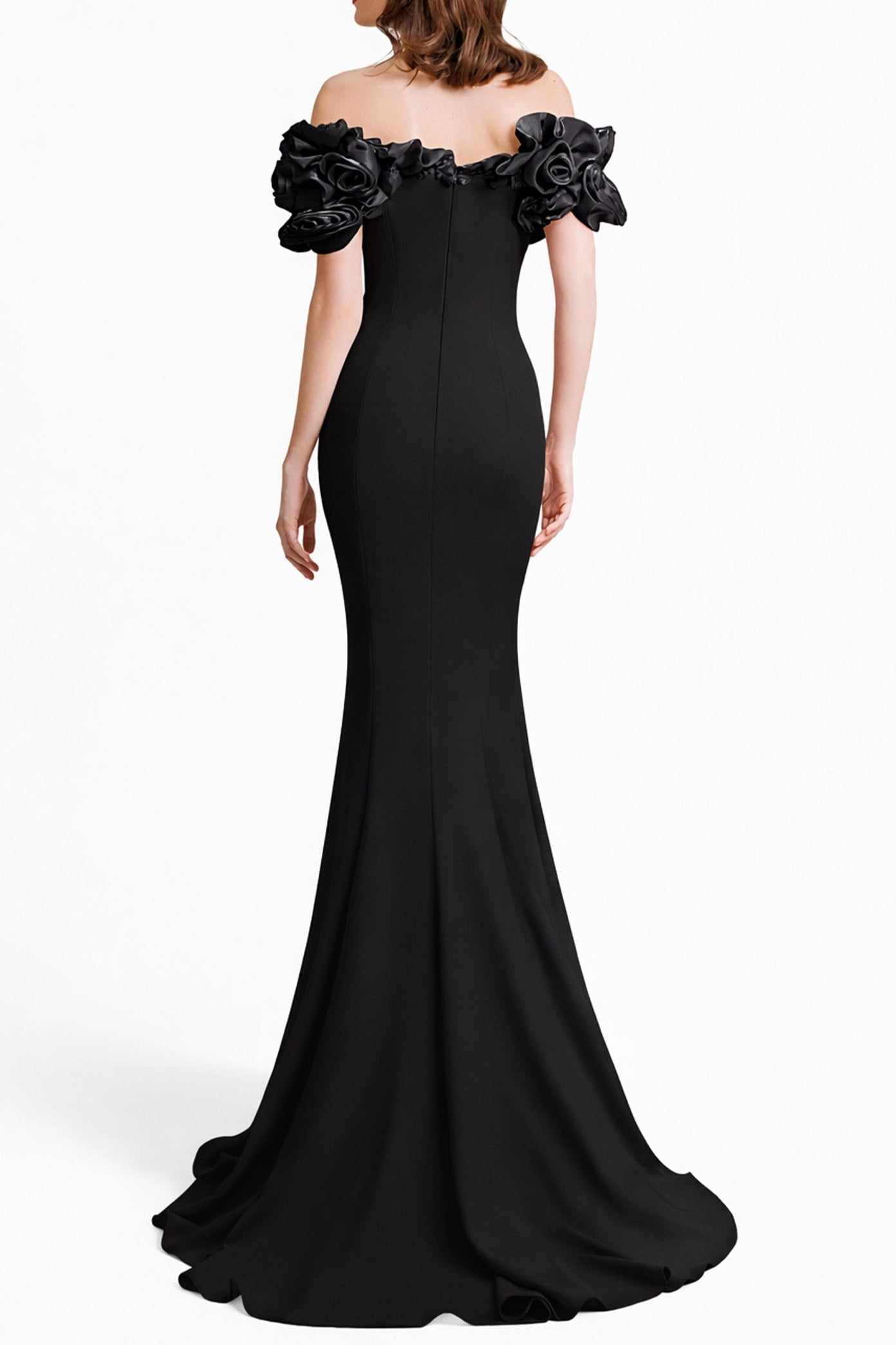 SUZANNE OFF-SHOULDER 3D FLOWER BODYCON MAXI DRESS BLACK