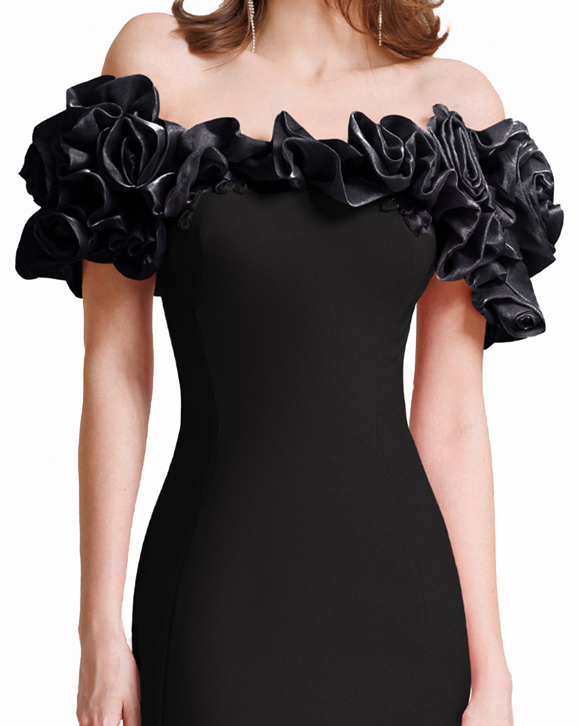 SUZANNE OFF-SHOULDER 3D FLOWER BODYCON MAXI DRESS BLACK