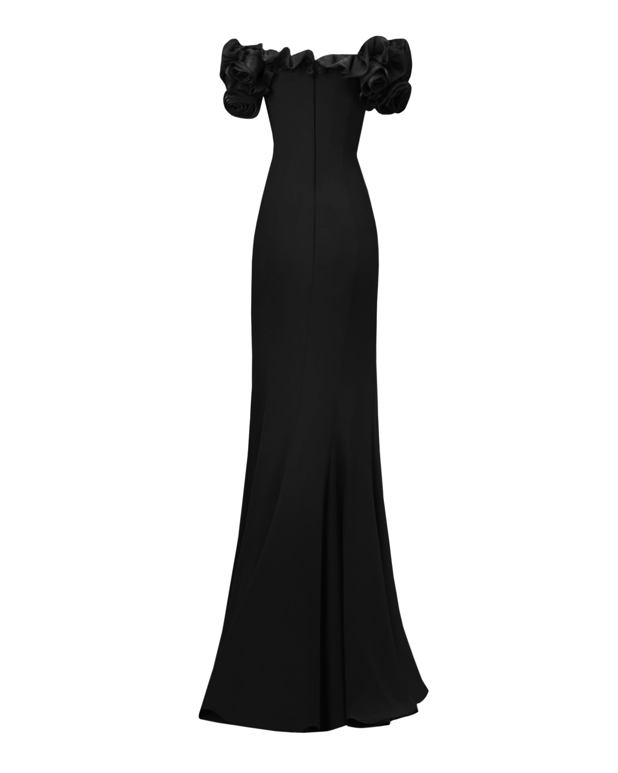 SUZANNE OFF-SHOULDER 3D FLOWER BODYCON MAXI DRESS BLACK