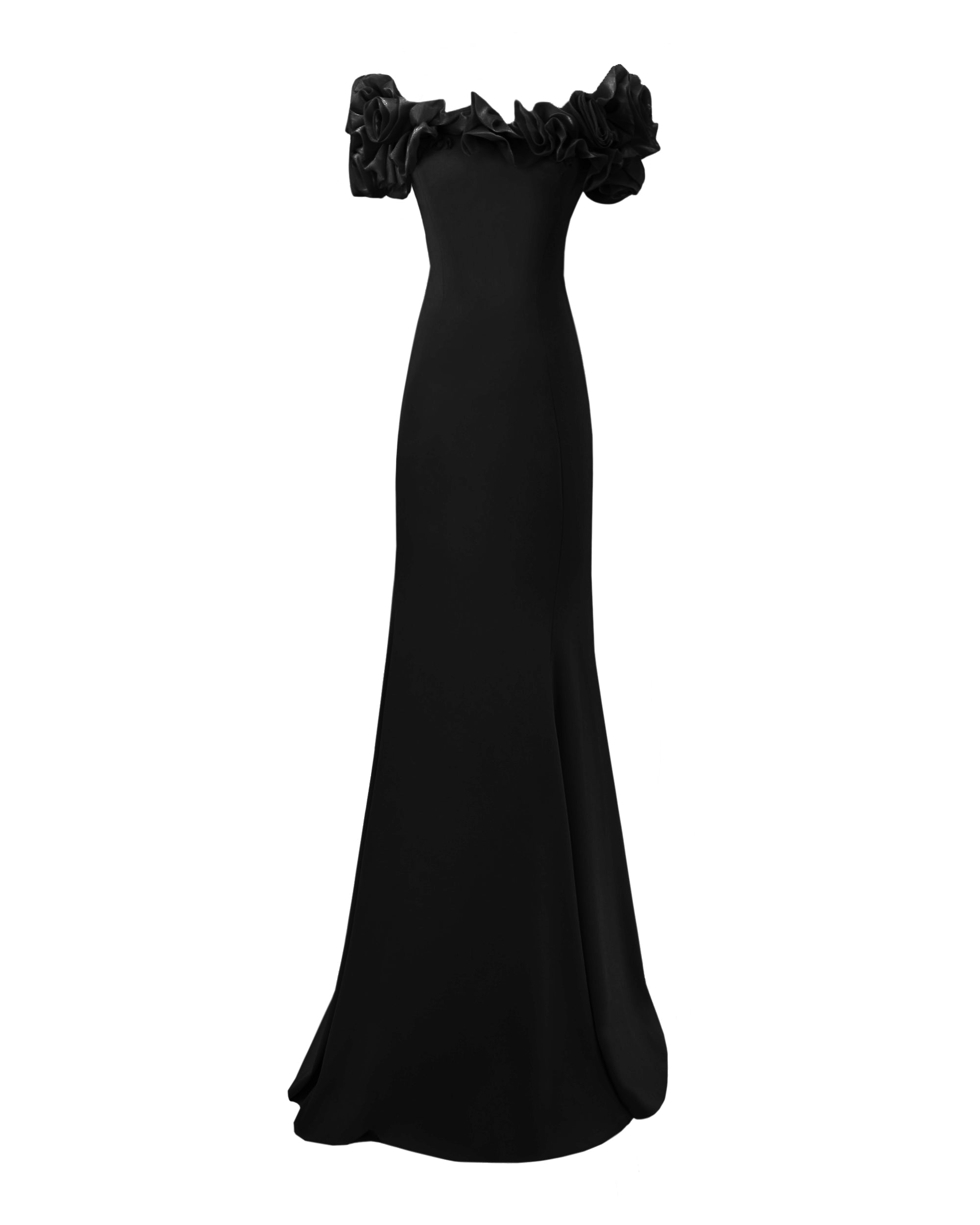 SUZANNE OFF-SHOULDER 3D FLOWER BODYCON MAXI DRESS BLACK