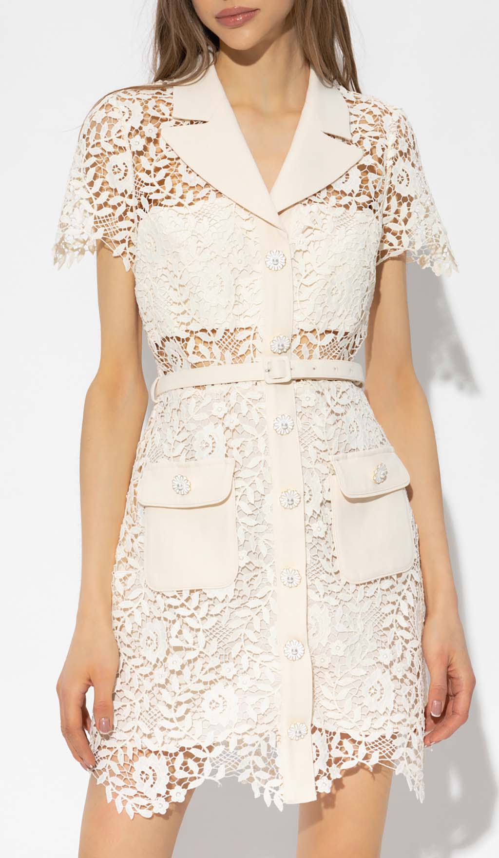 GUIPURE LACE JACKET DRESS WITH FLAP POCKETS