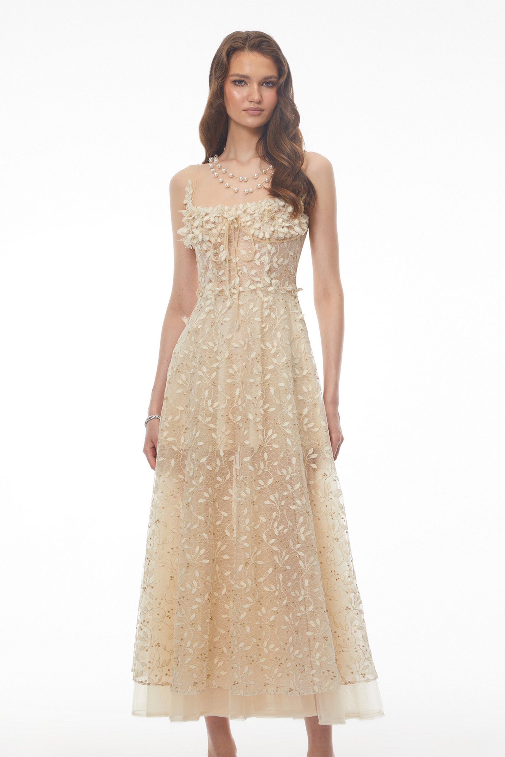 GABRIELLA CHAMPAGNE TULLE MAXI DRESS 3D PETAL