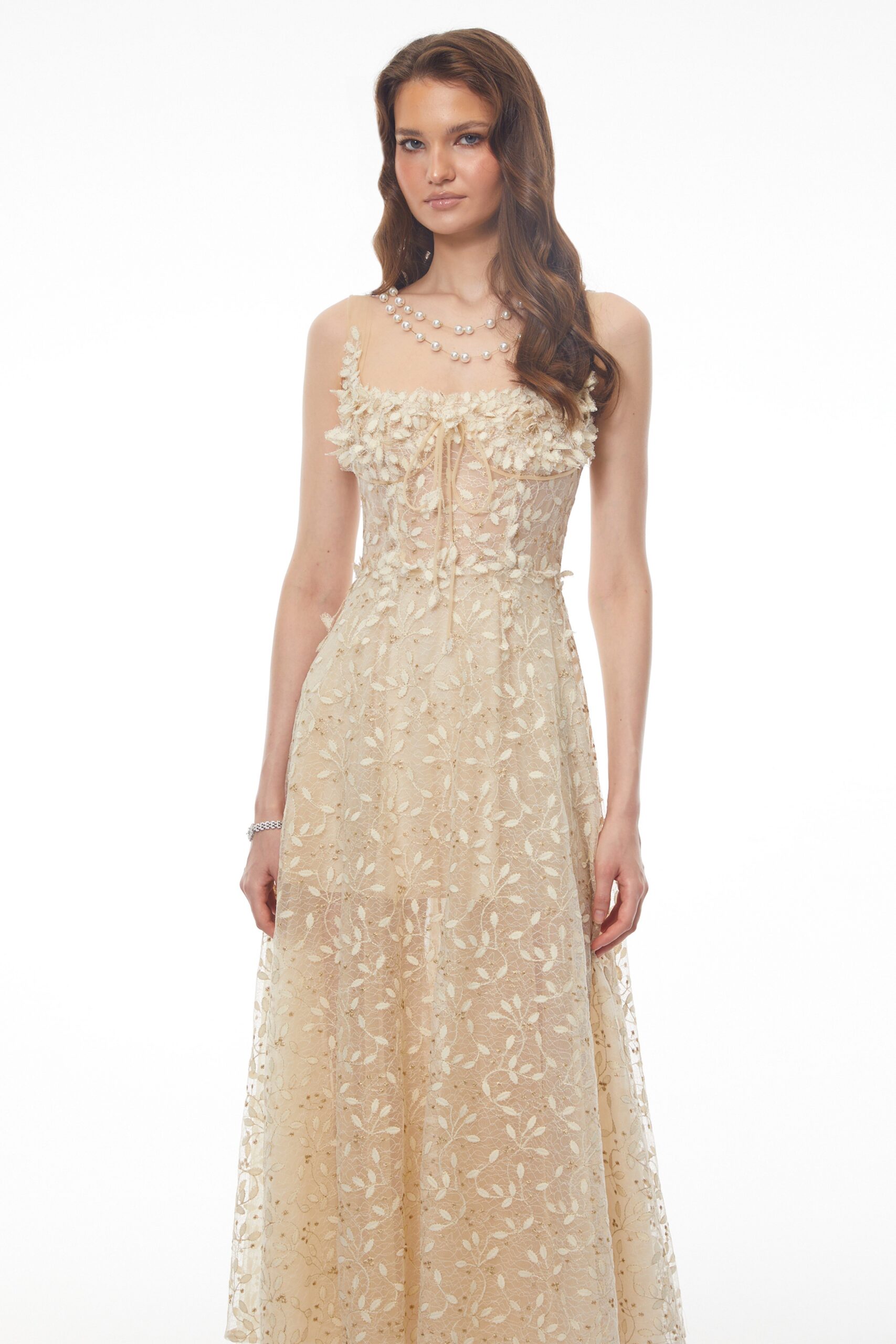 GABRIELLA CHAMPAGNE TULLE MAXI DRESS 3D PETAL
