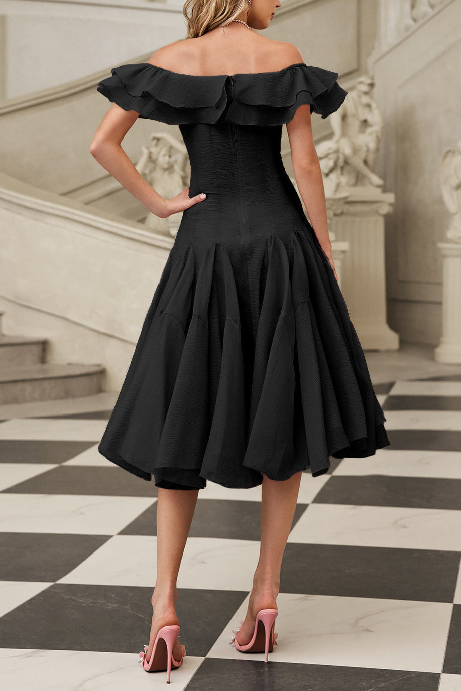 APPHA OFF-SHOULDER RUFFLE MIDI DRESS