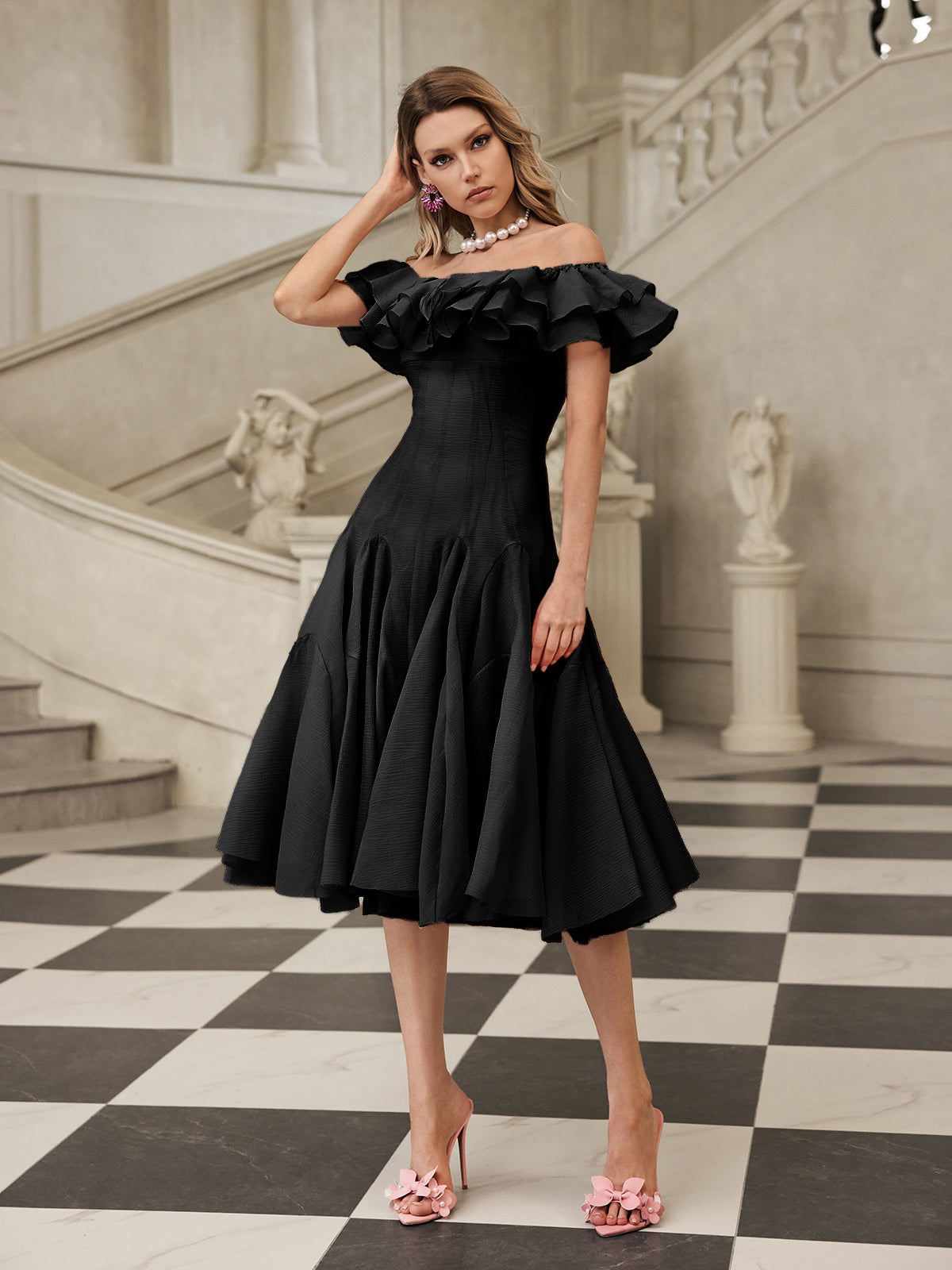 APPHA OFF-SHOULDER RUFFLE MIDI DRESS