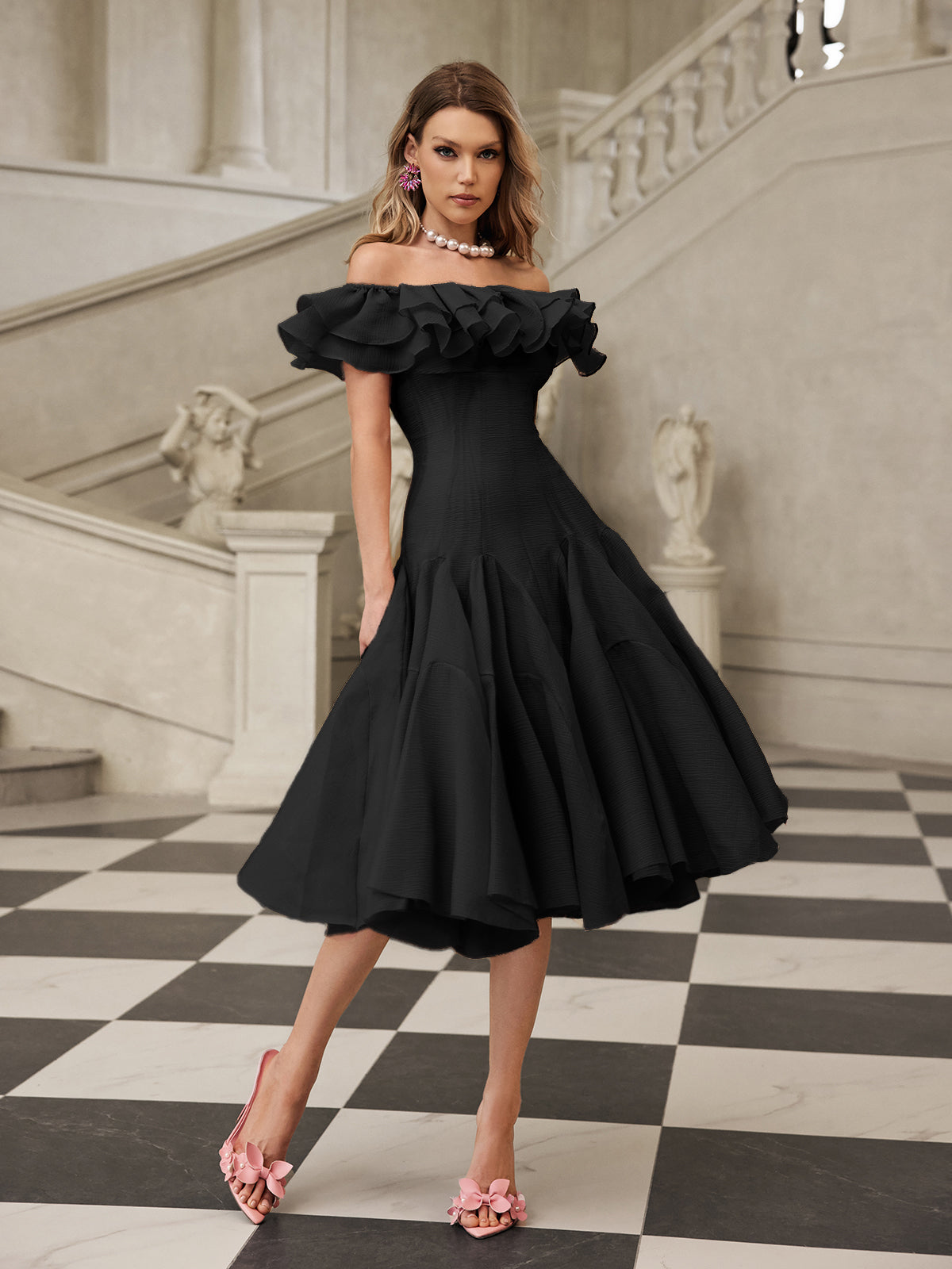 APPHA OFF-SHOULDER RUFFLE MIDI DRESS